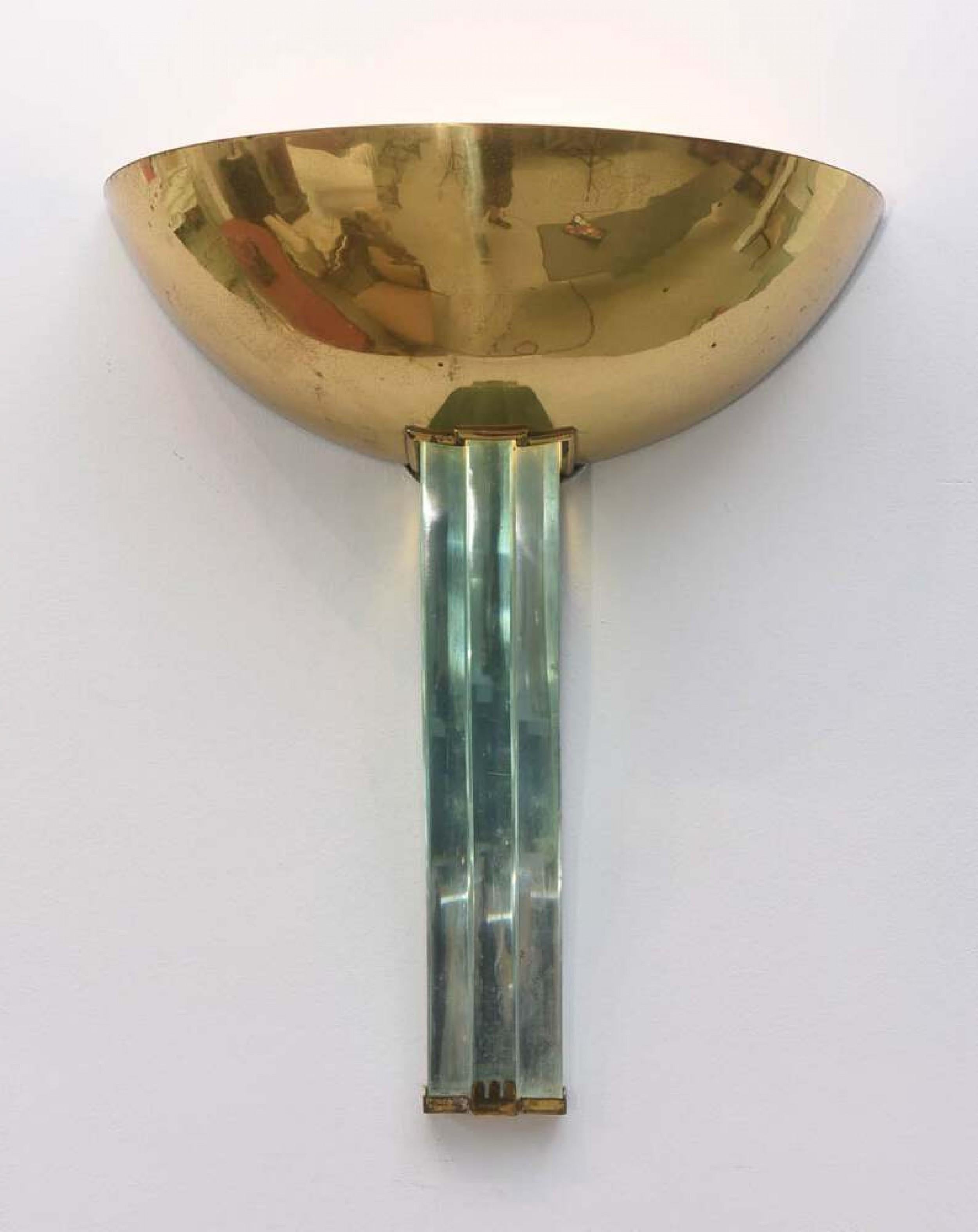 PAIR of midcentury Italian Modern brass and glass wall lights / sconces (Pietro Chiesa for Fontana Arte) (PRICED AS PAIR).