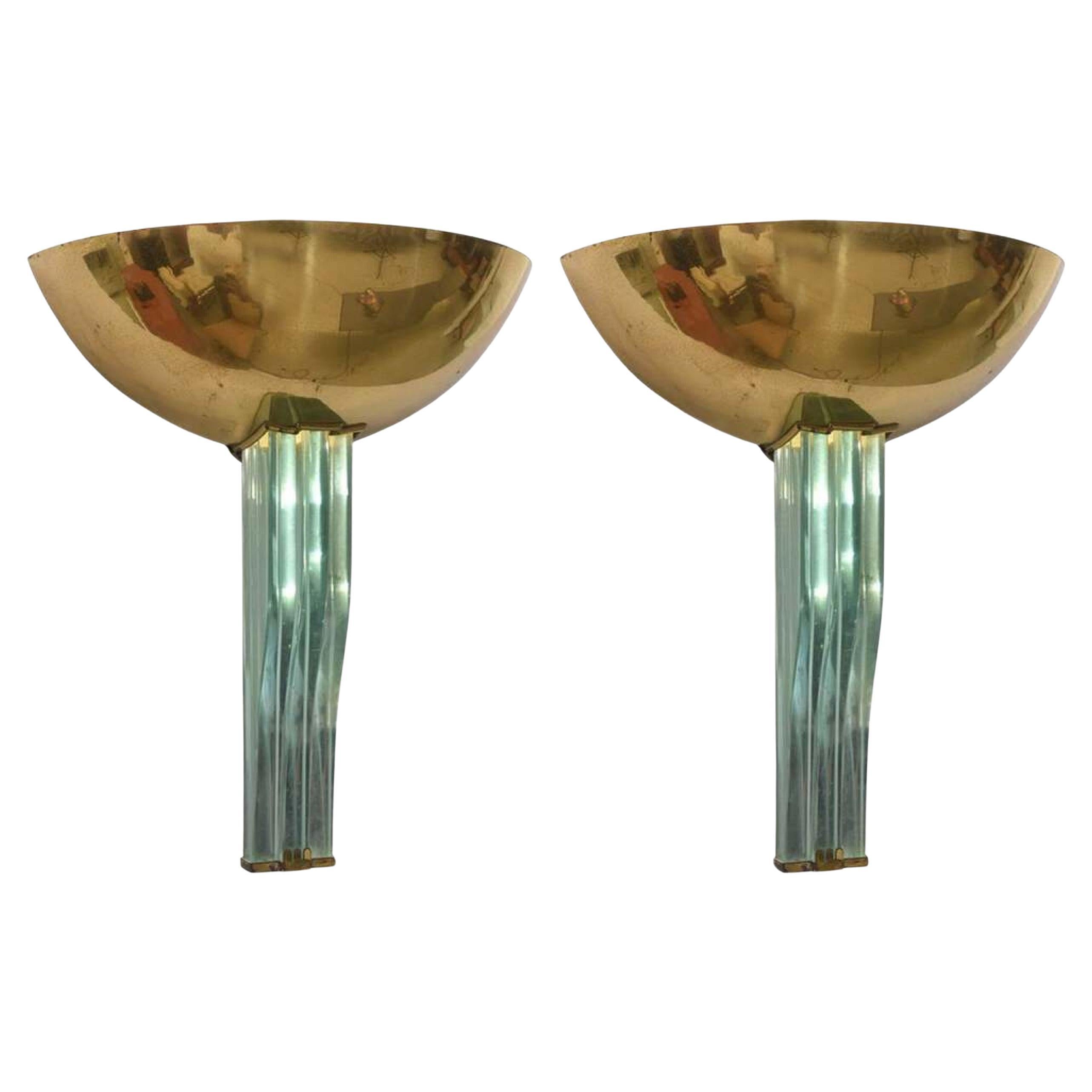 Pair of Pietro Chiesa Fontana Arte Italian Modern Brass & Glass Wall Lights For Sale
