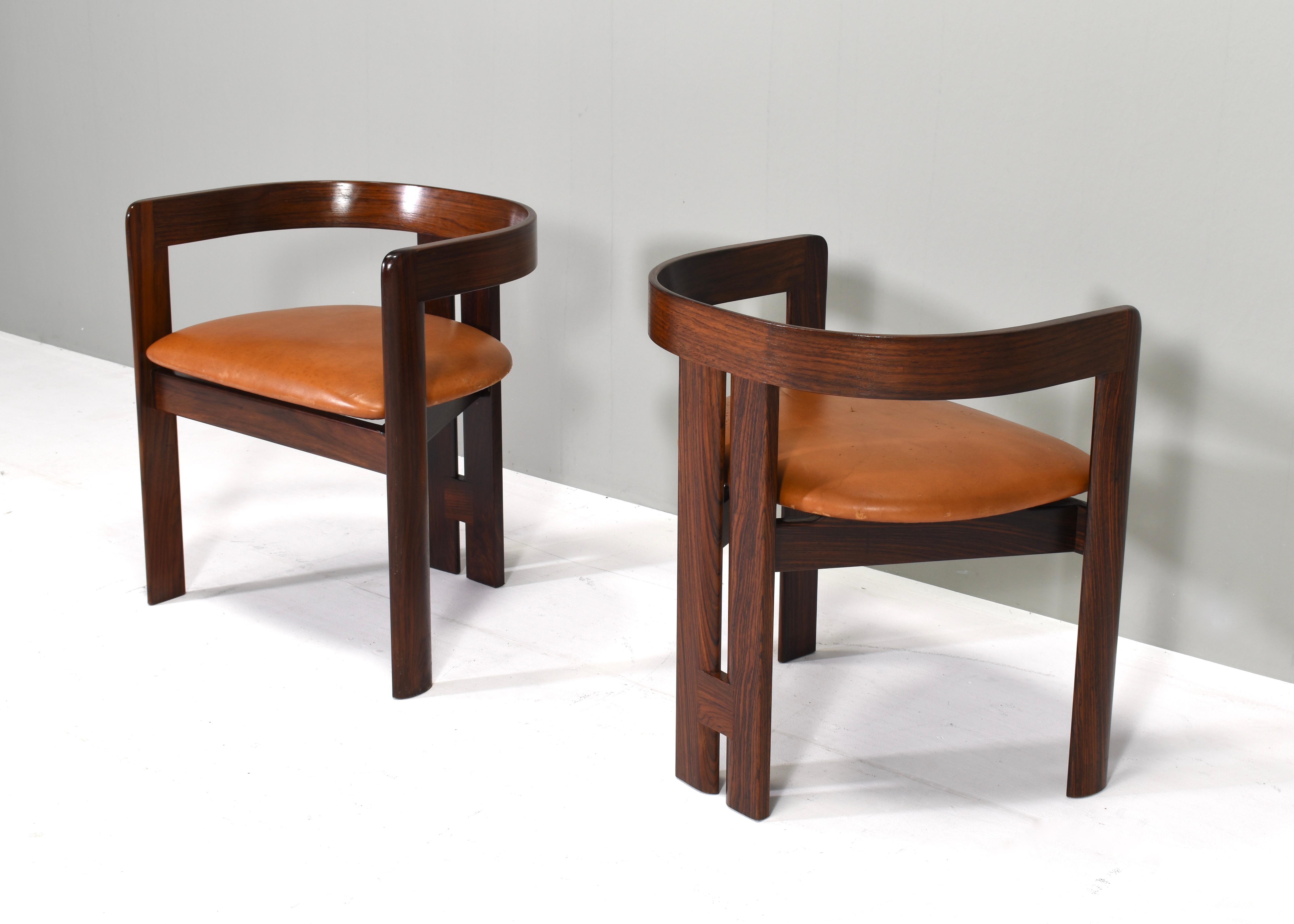 Mid-Century Modern Pair of Pigreco Chairs Tan Leather by Tobia Scarpa for Gavina, Italy, circa 1970