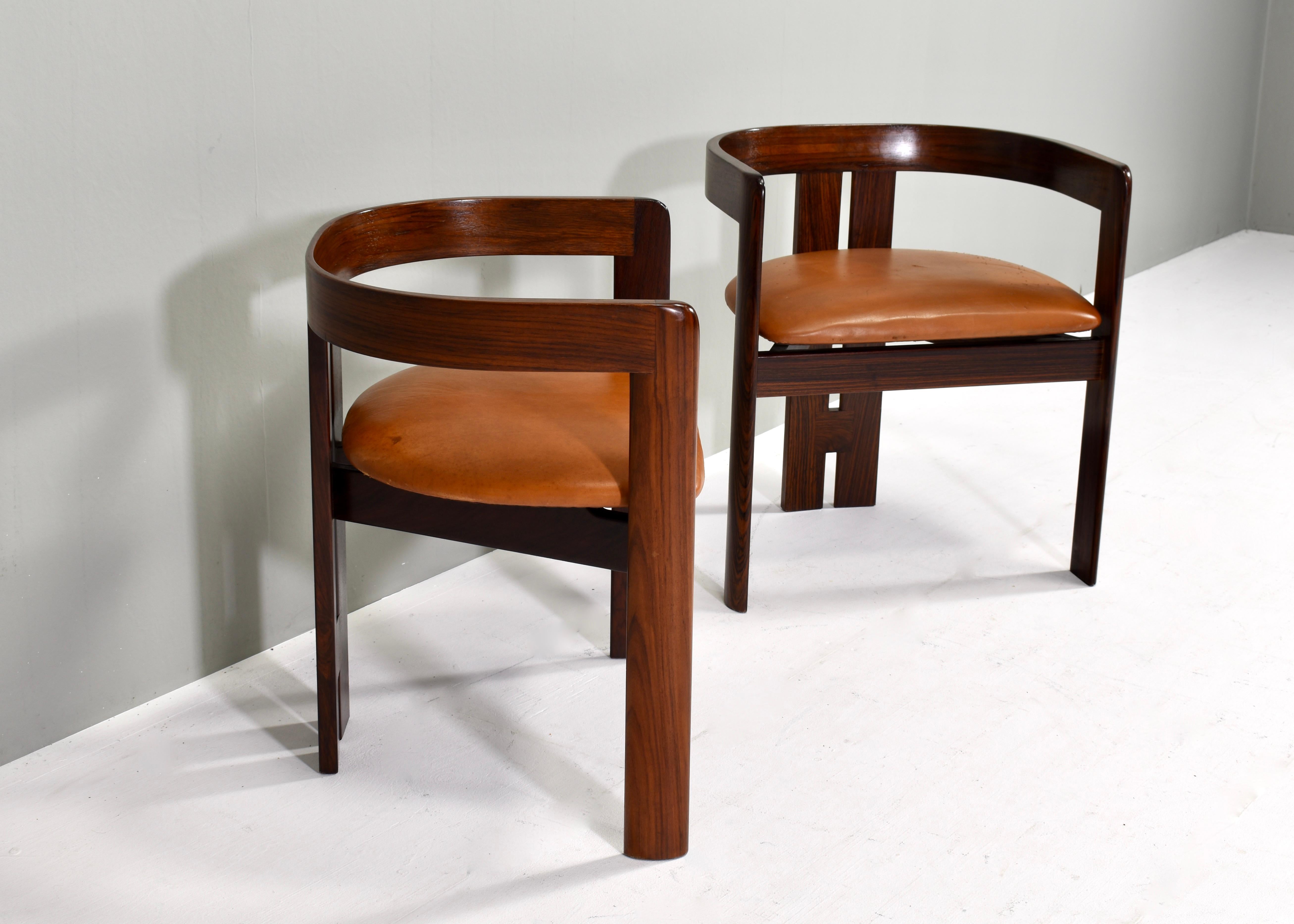 Italian Pair of Pigreco Chairs Tan Leather by Tobia Scarpa for Gavina, Italy, circa 1970