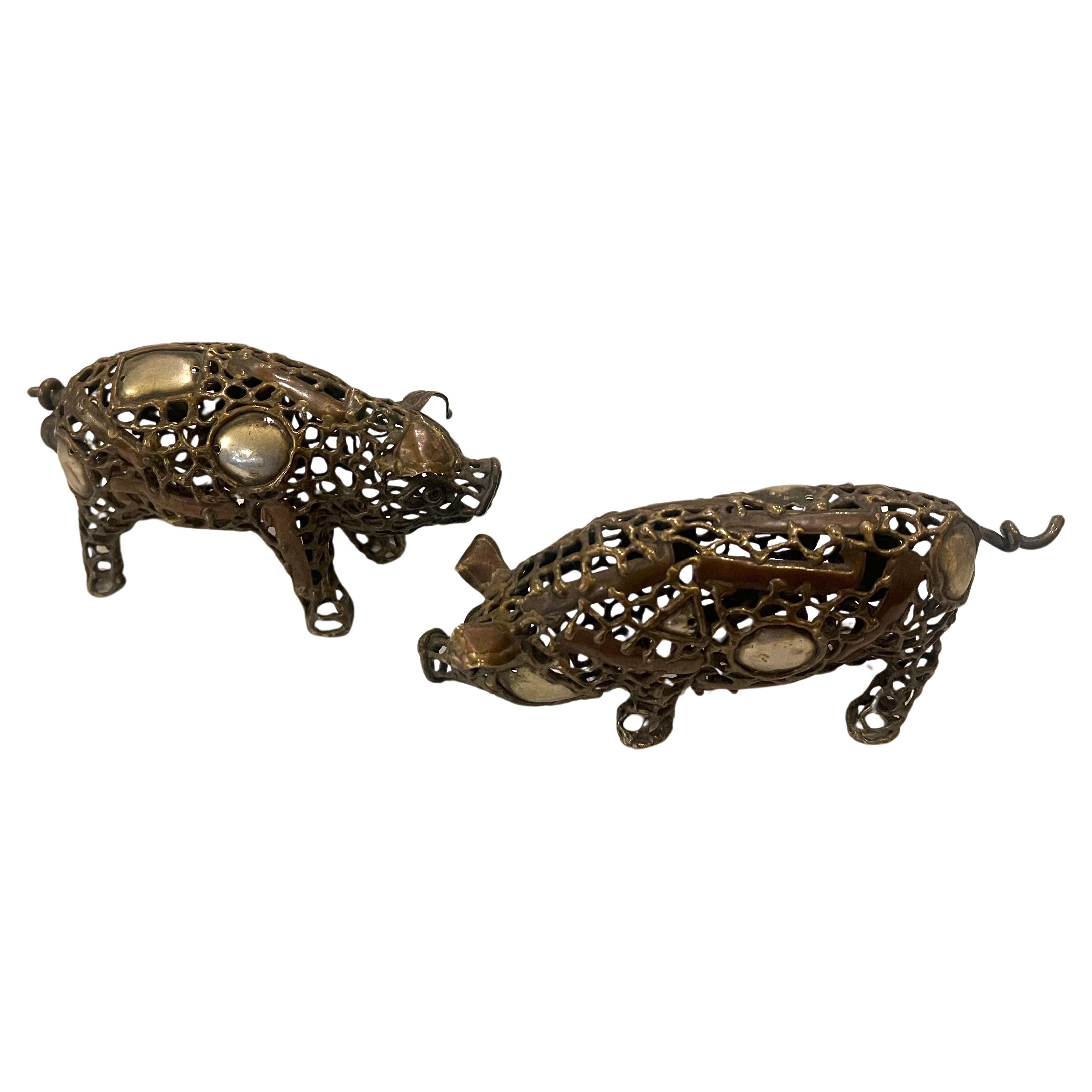 Brutalist Pair of Pigs Bronze & Mix Metals Sculptures Attributed to Pal Kepenges