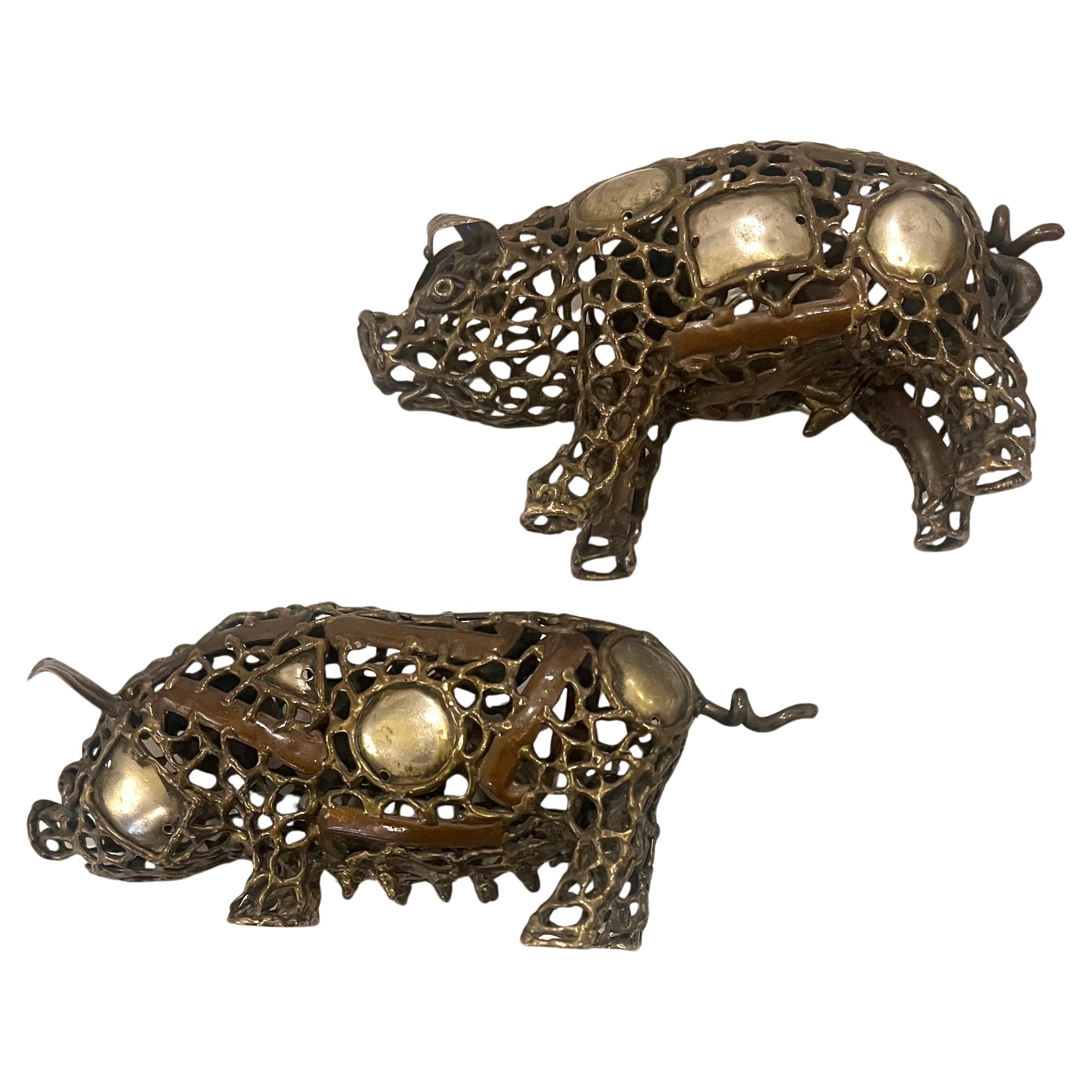 Mexican Pair of Pigs Bronze & Mix Metals Sculptures Attributed to Pal Kepenges