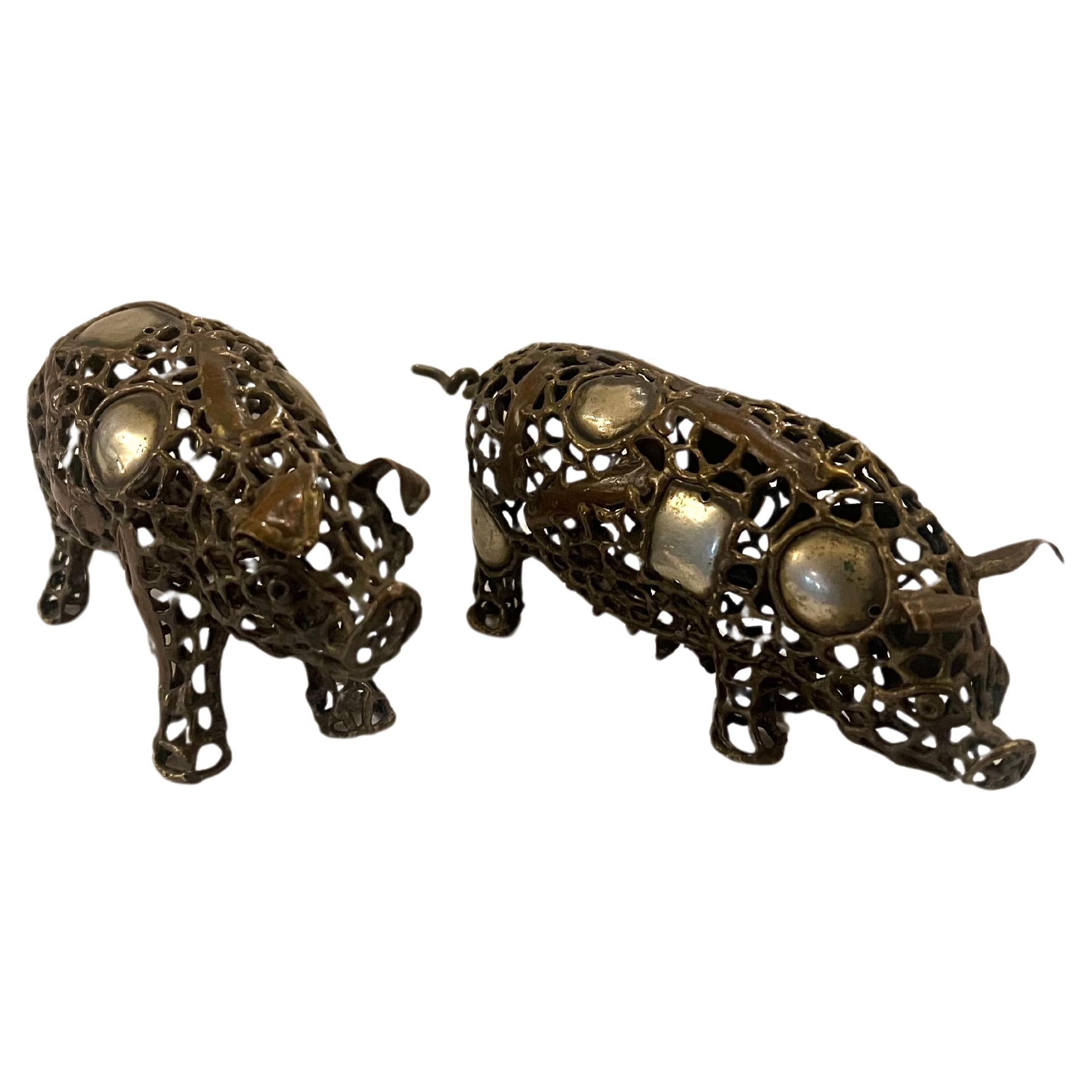 Pair of Pigs Bronze & Mix Metals Sculptures Attributed to Pal Kepenges In Good Condition In San Diego, CA