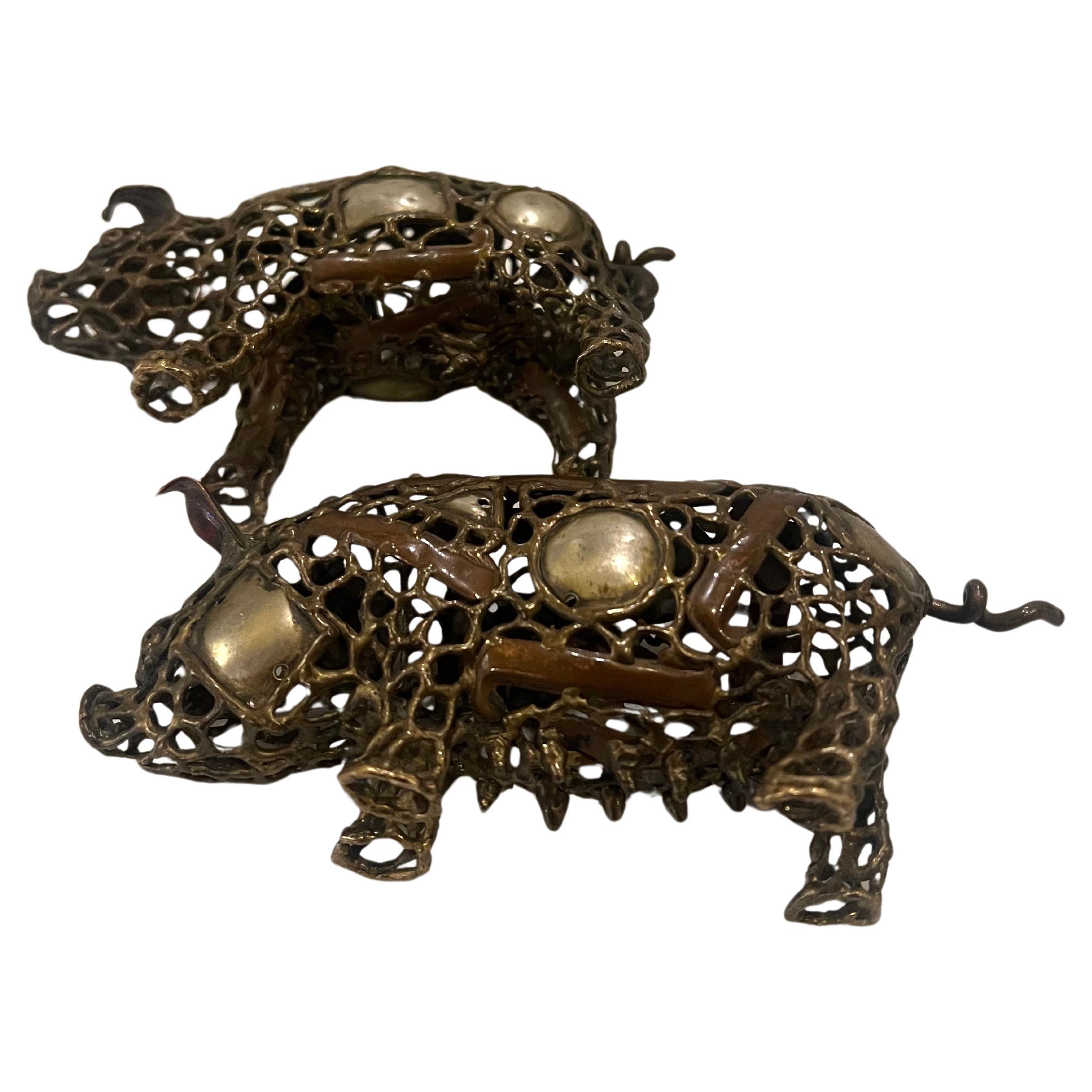 20th Century Pair of Pigs Bronze & Mix Metals Sculptures Attributed to Pal Kepenges