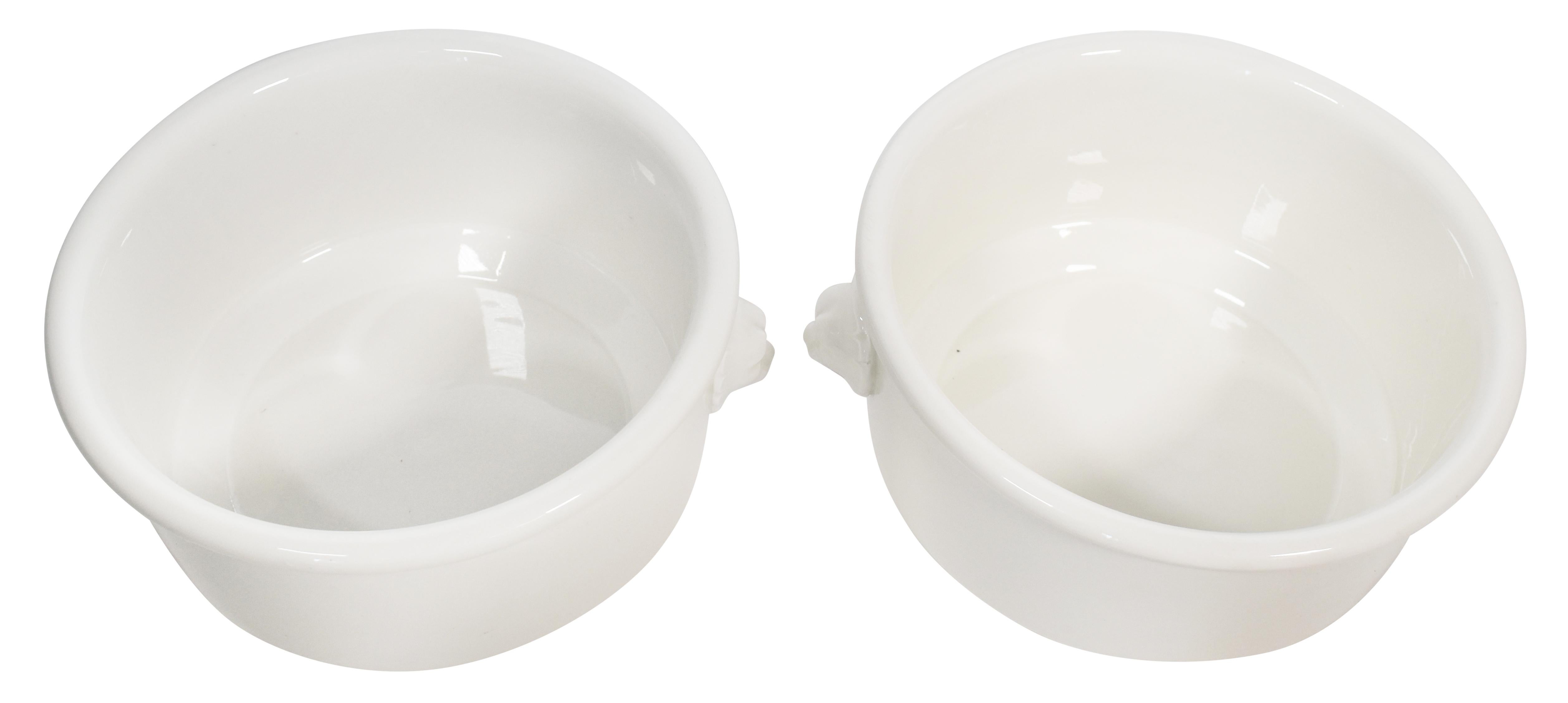 Pair of large unusual vintage European French Pillivuyt porcelain bowls with lion head handles.
 