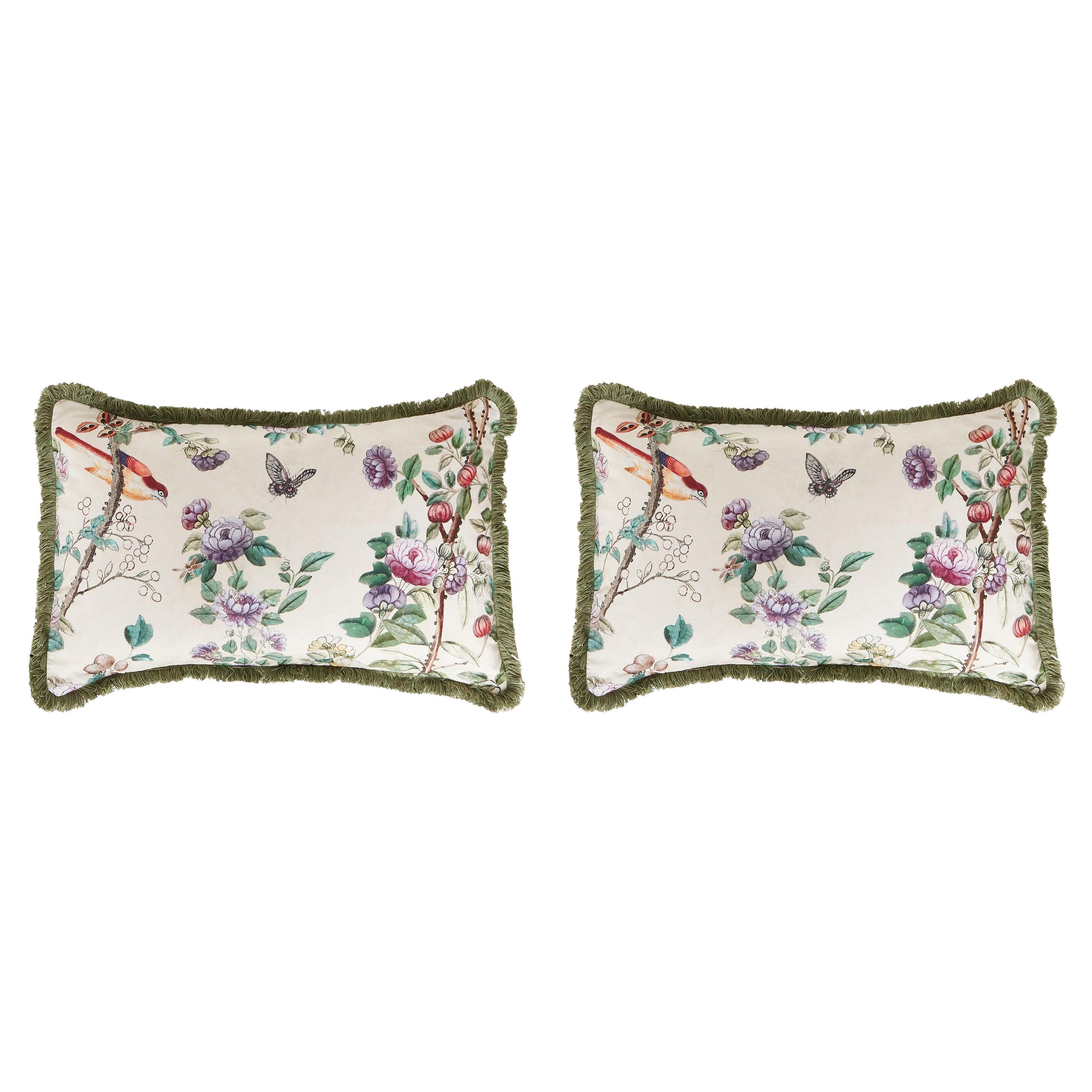 Pair of Pillow Cushions - Canton Bird Theme - Designed and Made in Paris For Sale