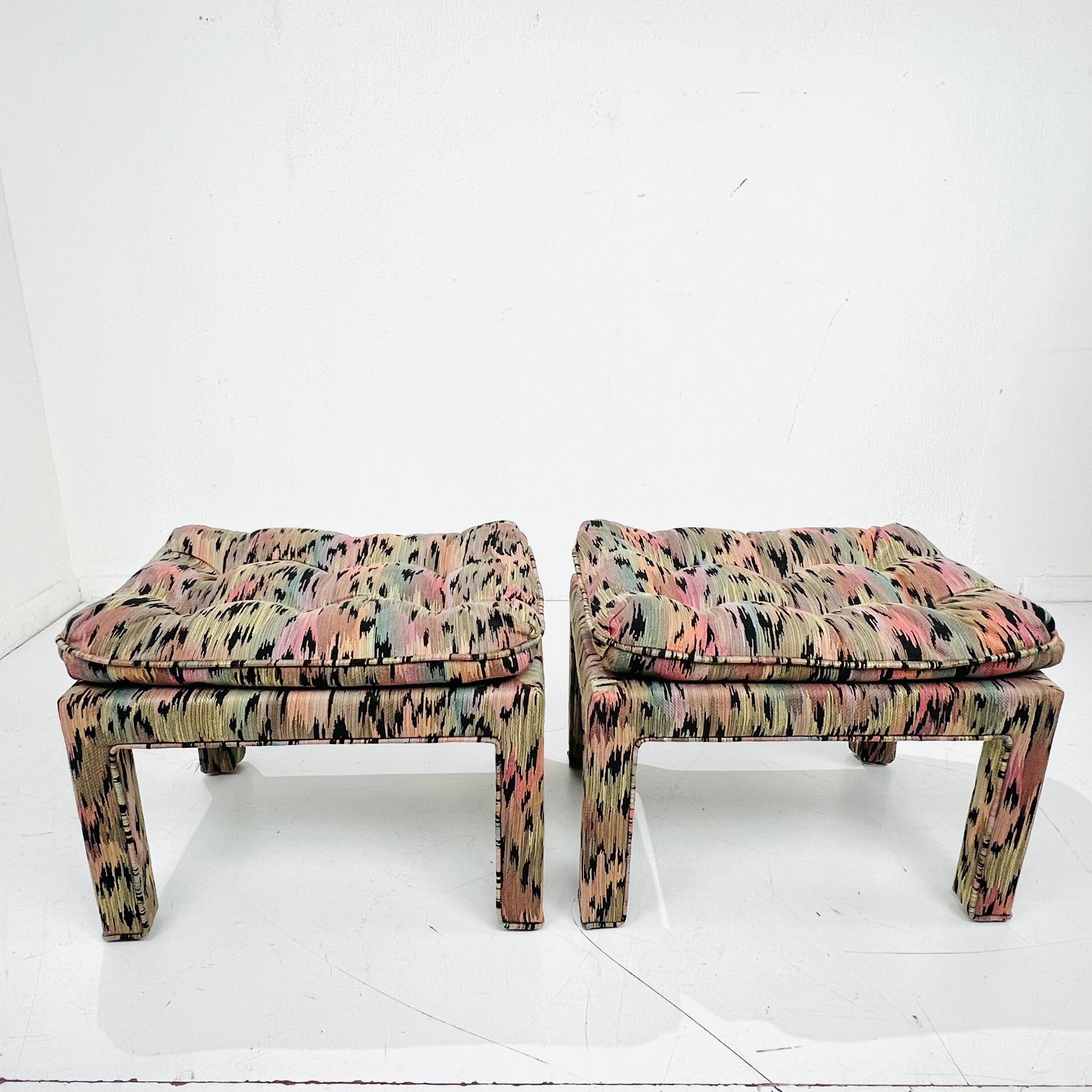 Pair of Pillow Top Upholstered Parsons Ottomans in the Style of Milo Baughman For Sale 8