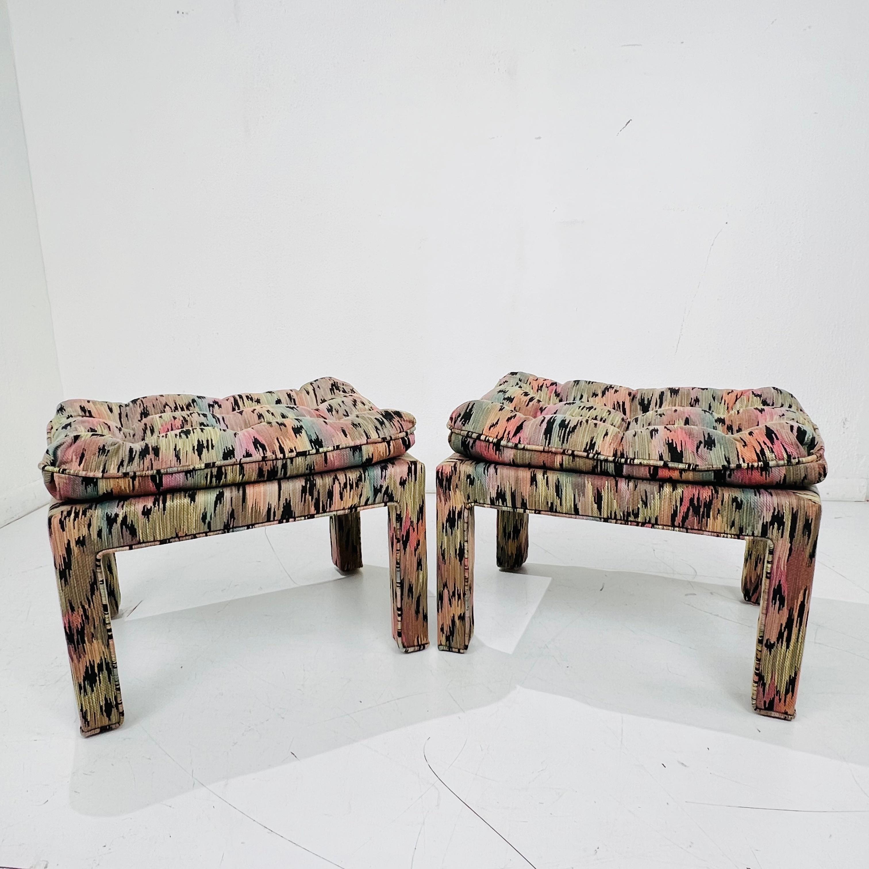 Pair of Pillow Top Upholstered Parsons Ottomans in the Style of Milo Baughman For Sale 9