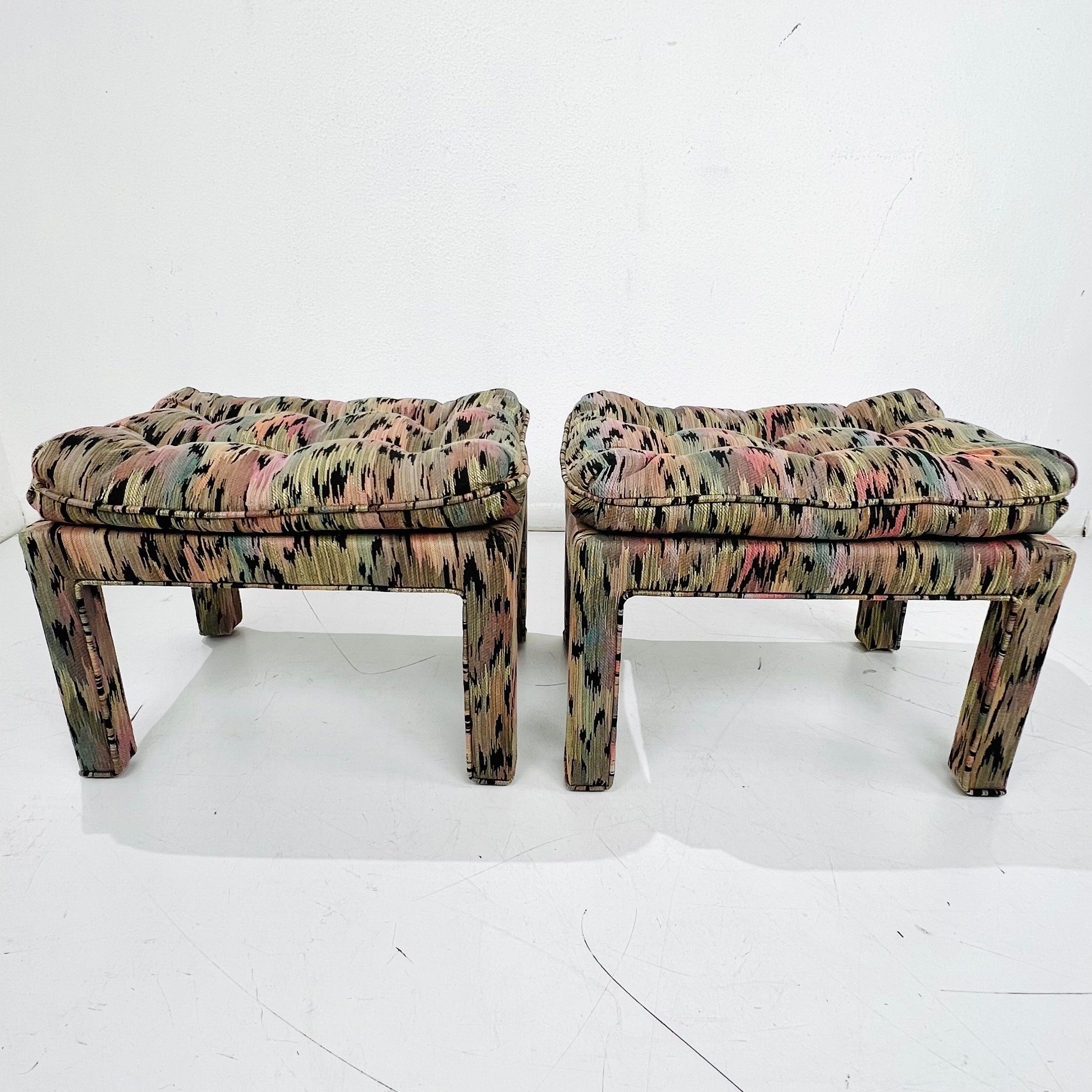 Pair of Pillow Top Upholstered Parsons Ottomans in the Style of Milo Baughman For Sale 11