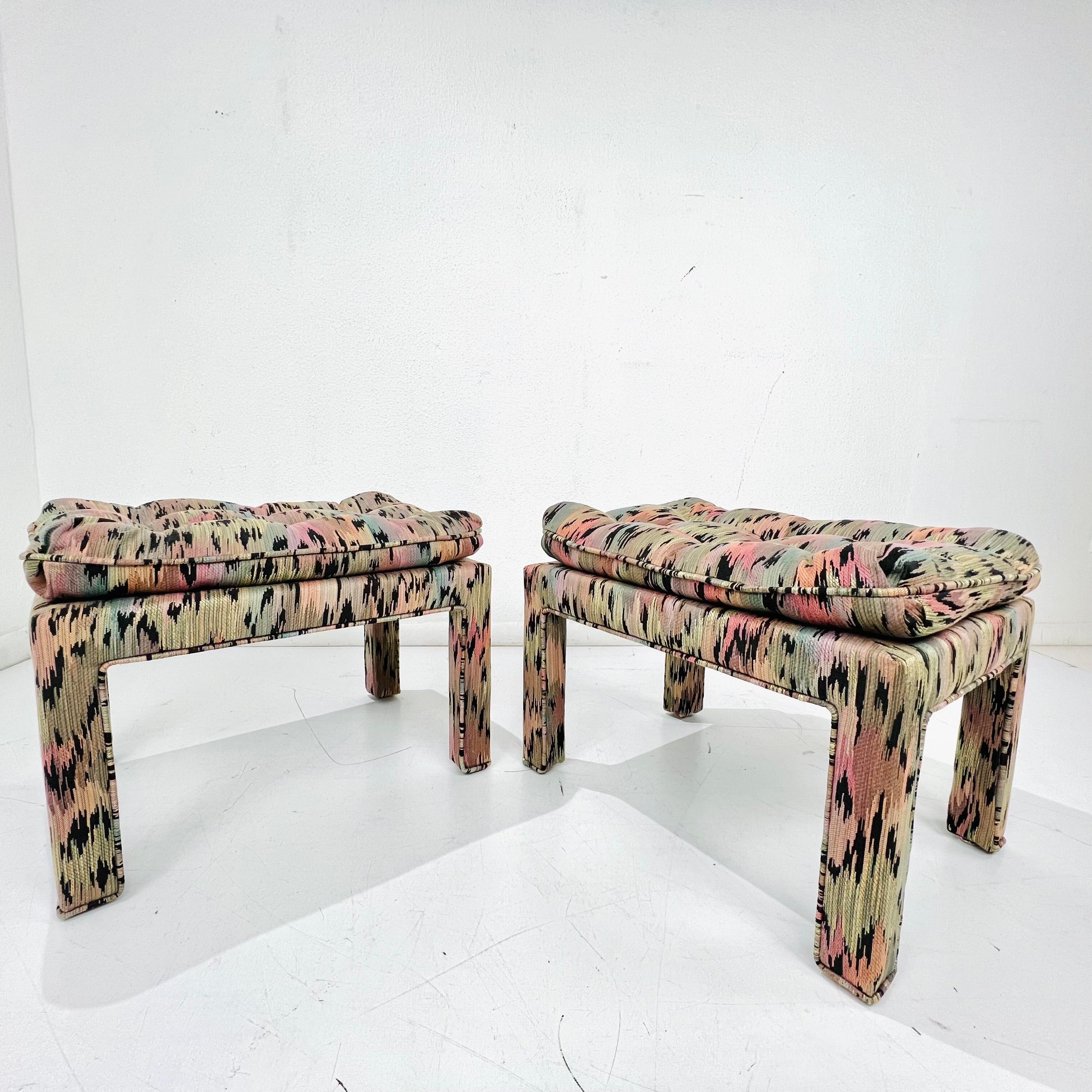 Mid-Century Modern Pair of Pillow Top Upholstered Parsons Ottomans in the Style of Milo Baughman For Sale