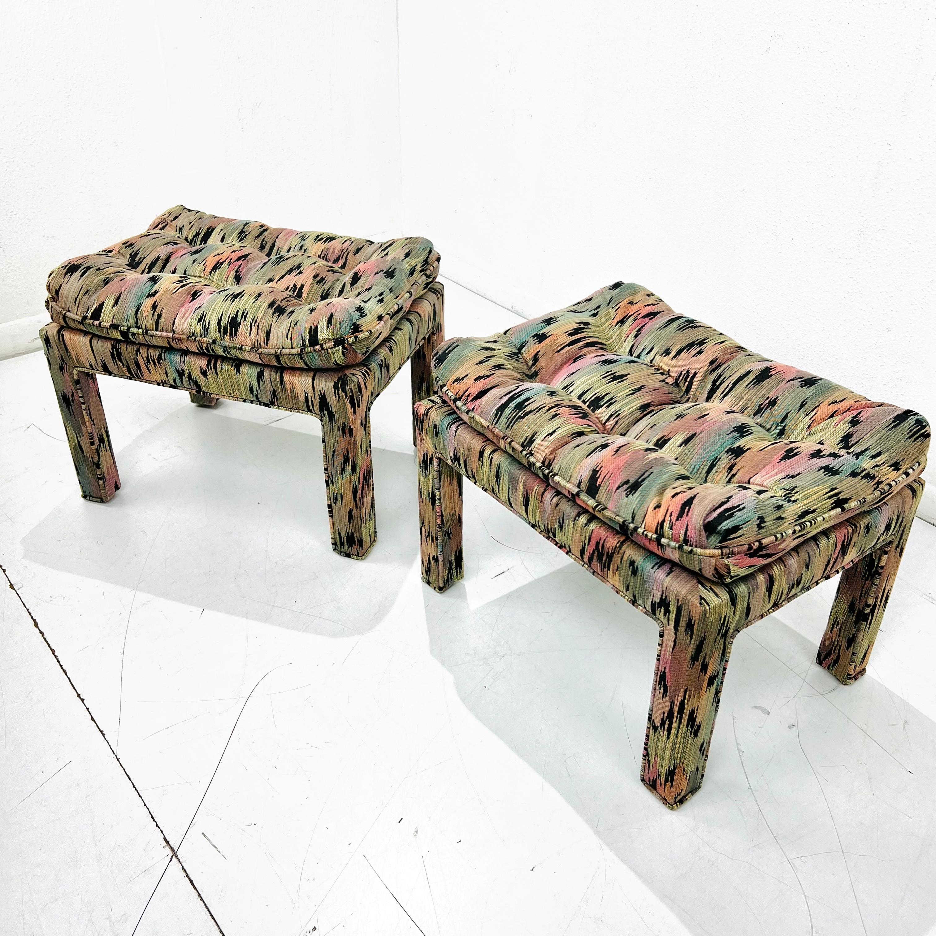 Upholstery Pair of Pillow Top Upholstered Parsons Ottomans in the Style of Milo Baughman For Sale