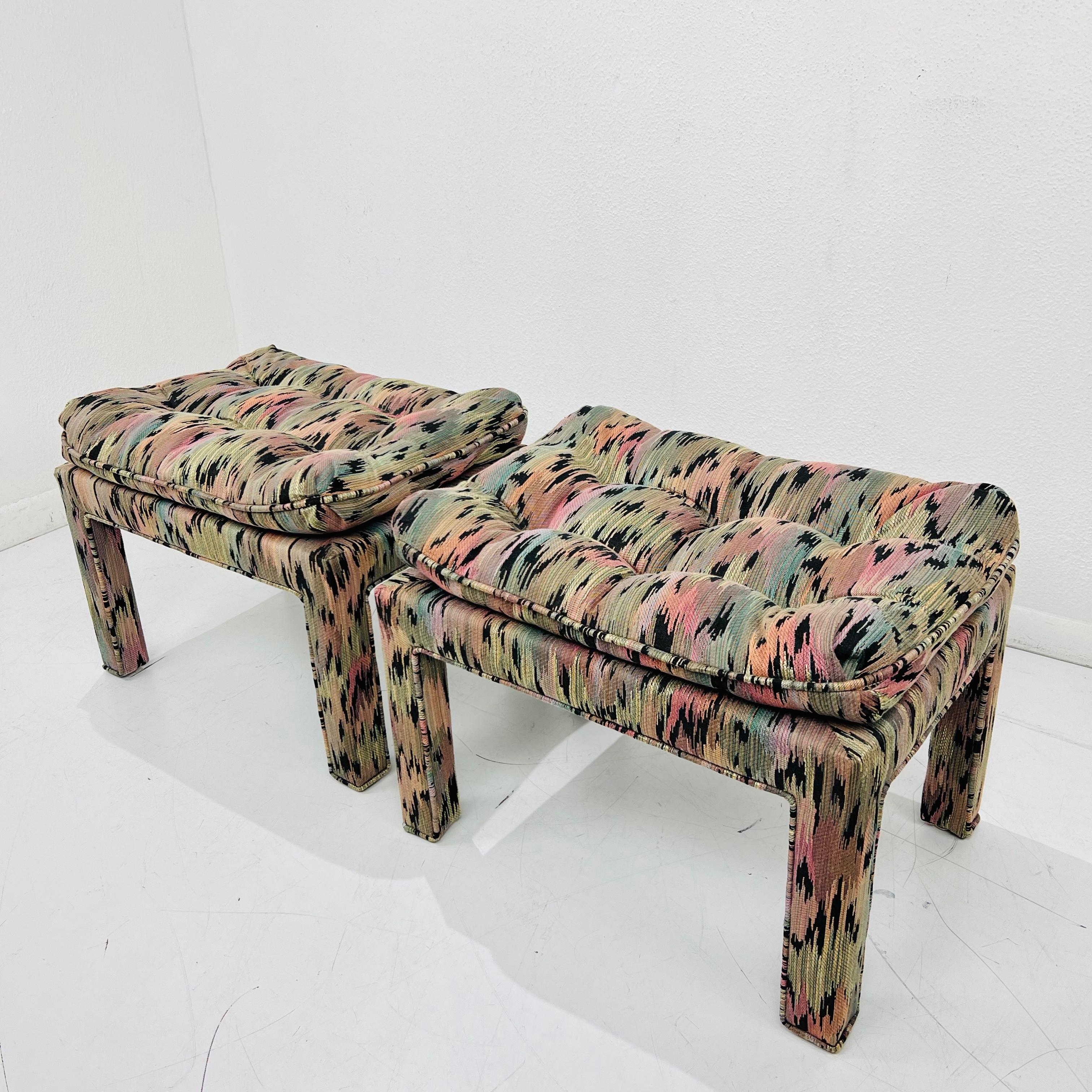 Pair of Pillow Top Upholstered Parsons Ottomans in the Style of Milo Baughman For Sale 1