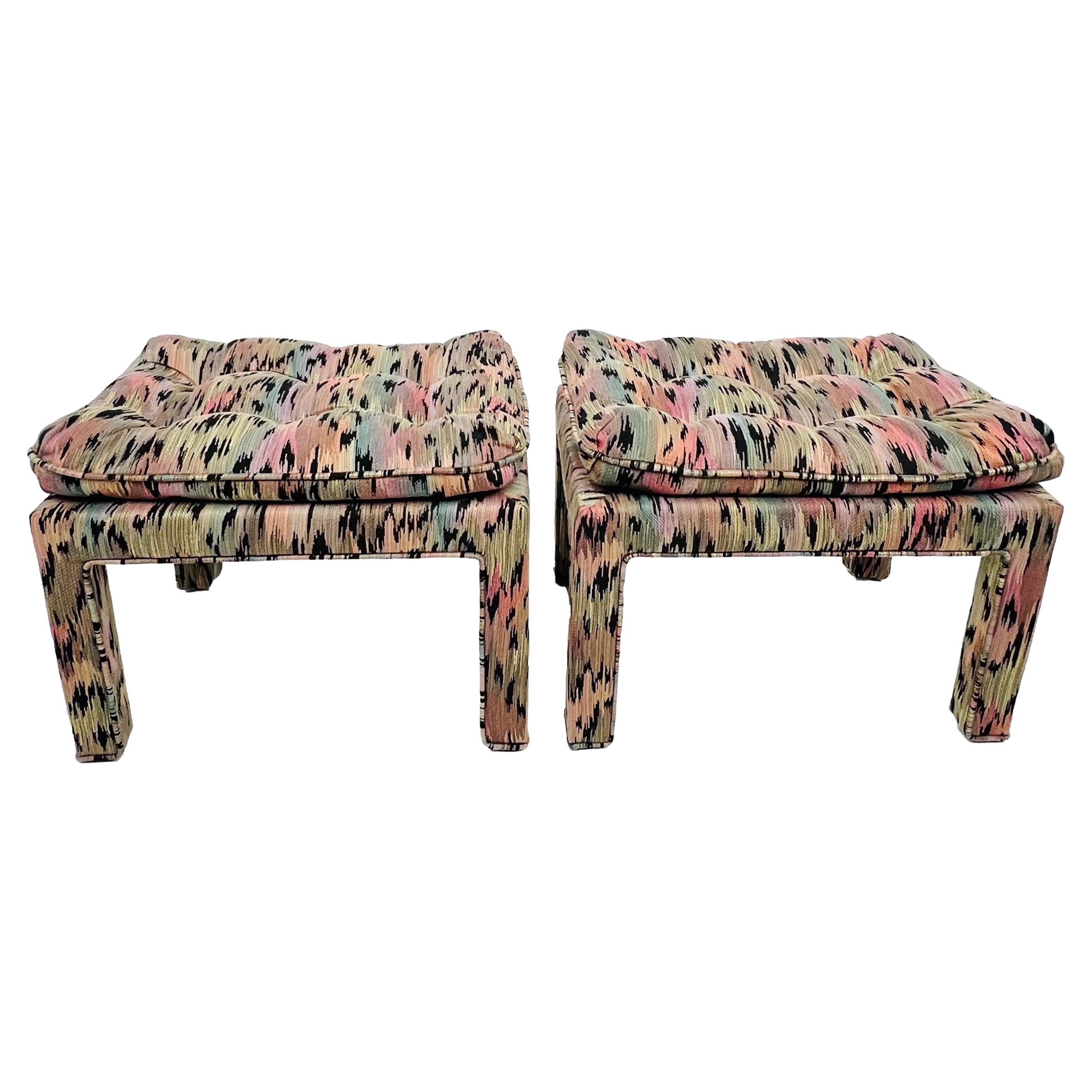 Pair of Pillow Top Upholstered Parsons Ottomans in the Style of Milo Baughman For Sale