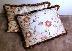Pair of Pillows Italian Embroidered Silk and Velvet Back