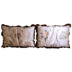 Pair of Pillows Italian Embroidered Silk and Velvet Back