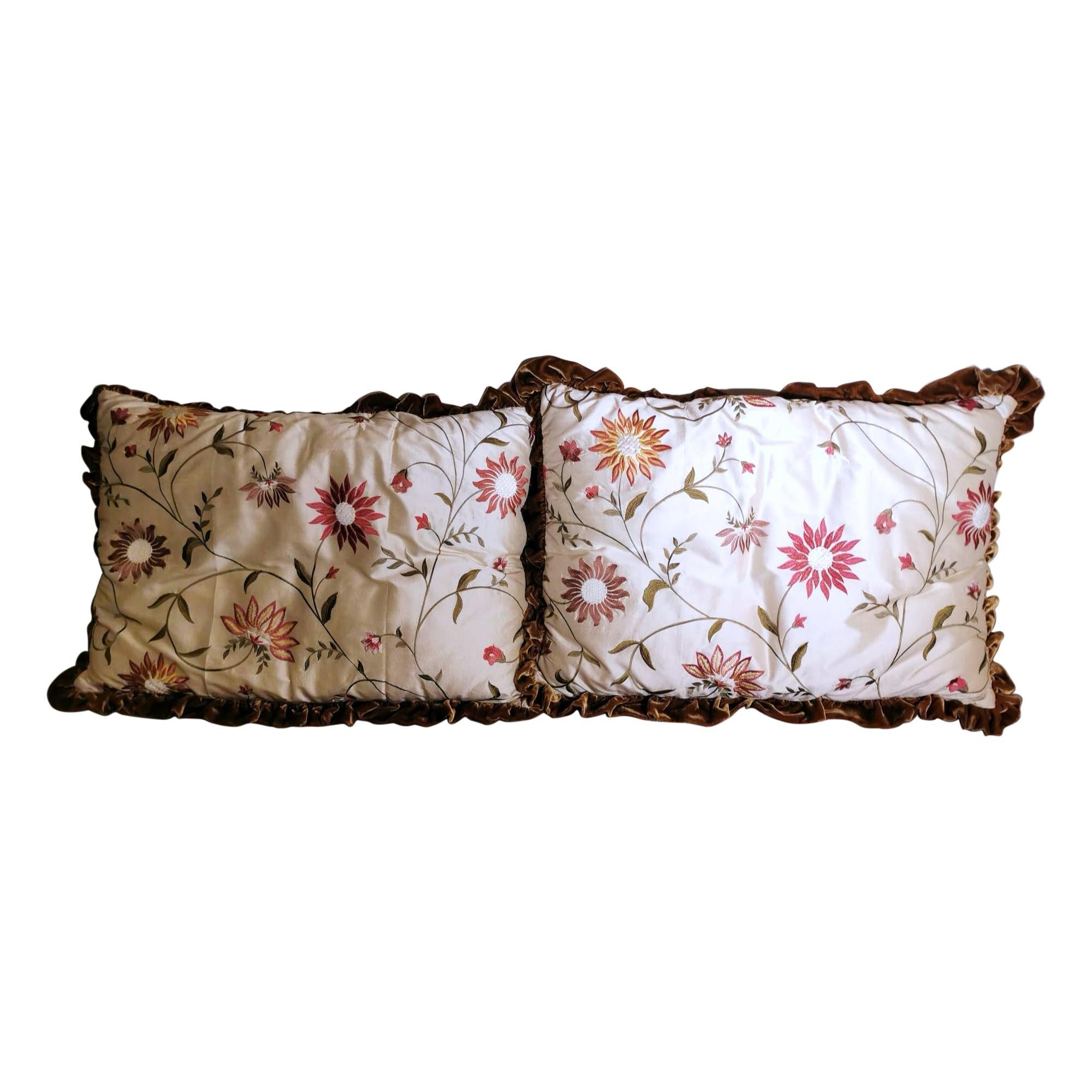 Pair of Pillows Italian Embroidered Silk and Velvet Back For Sale