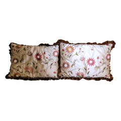 Vintage Pair of Pillows Italian Embroidered Silk and Velvet Back