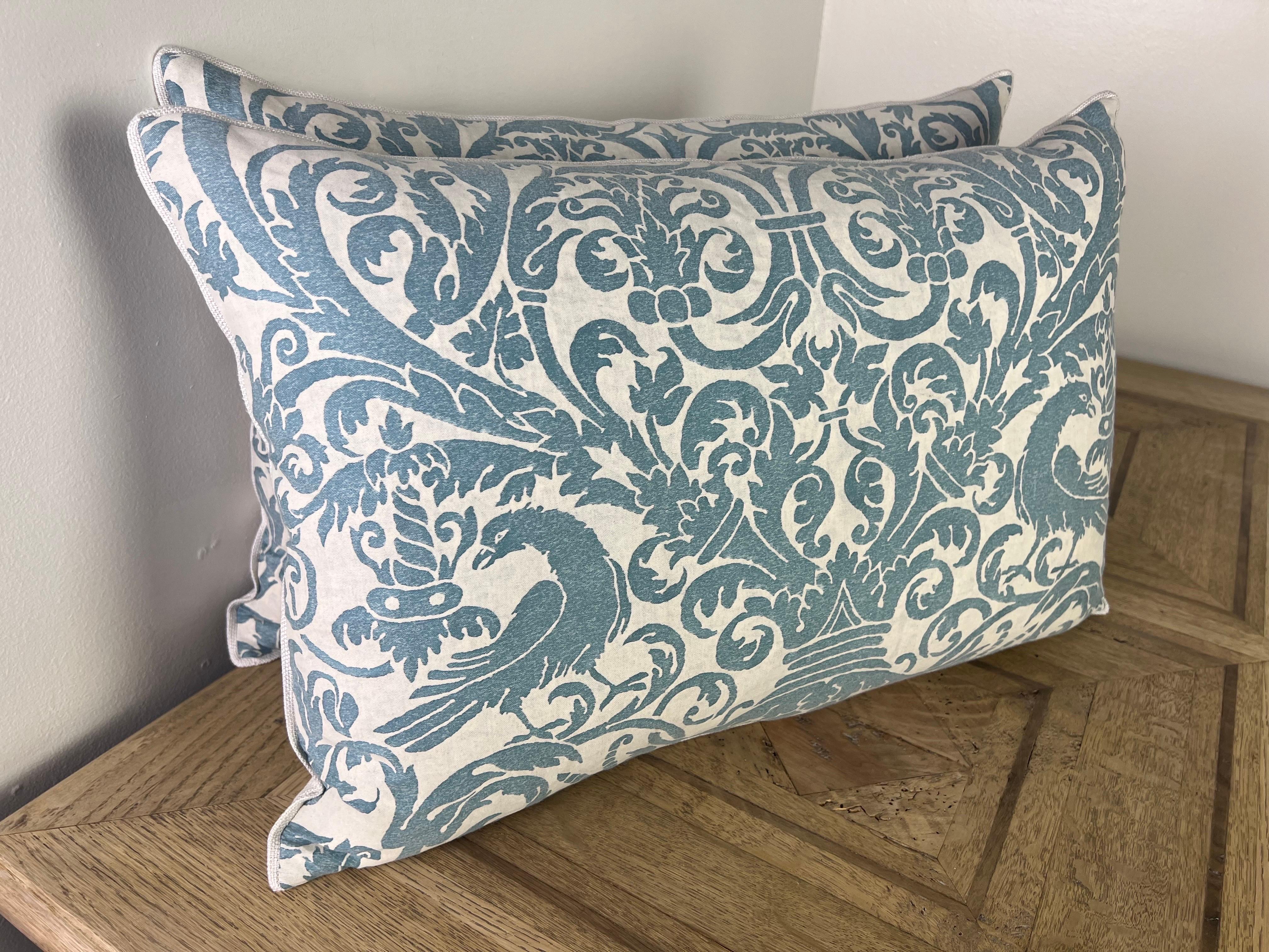 Cotton Pair of Pillows with Vintage Blue & White Fortuny Textile with Birds For Sale