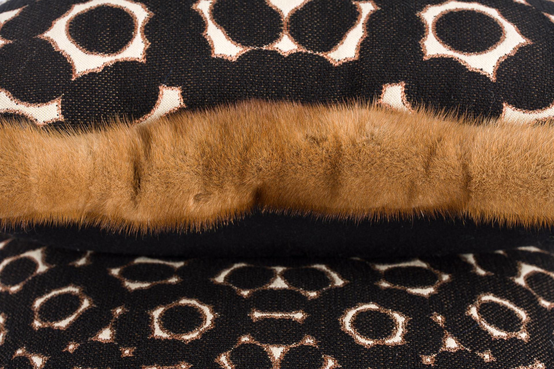 Pair of Pillows with Golden Mink Fur Border, Boussac Fabric In New Condition In Rosheim, FR