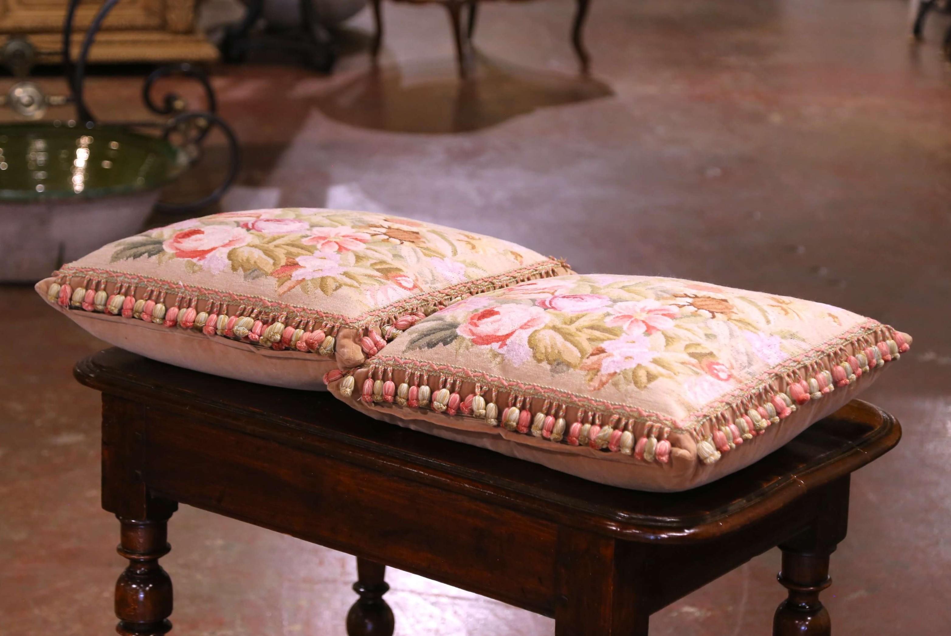French Pair of Pillows with Trim and Tassels Made with 19th Century Aubusson Tapestry For Sale