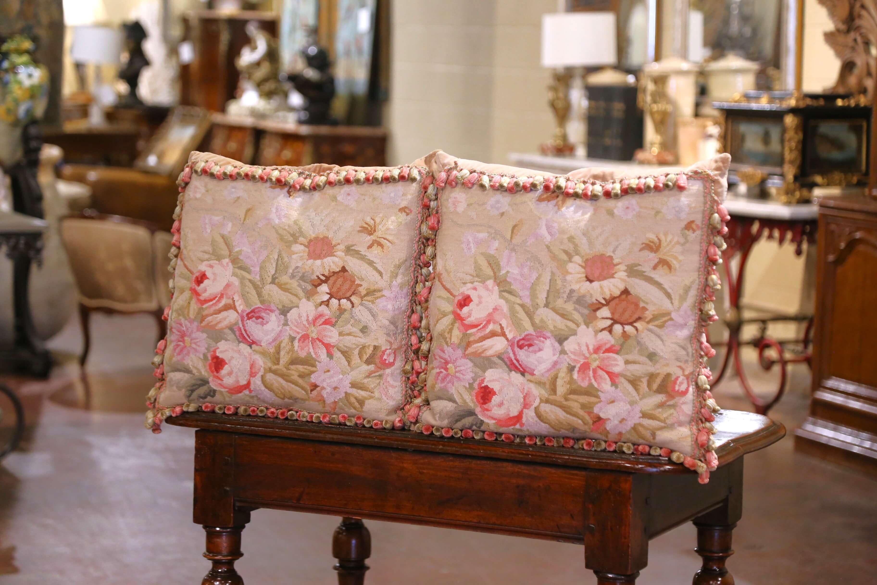 Pair of Pillows with Trim and Tassels Made with 19th Century Aubusson Tapestry In Excellent Condition For Sale In Dallas, TX