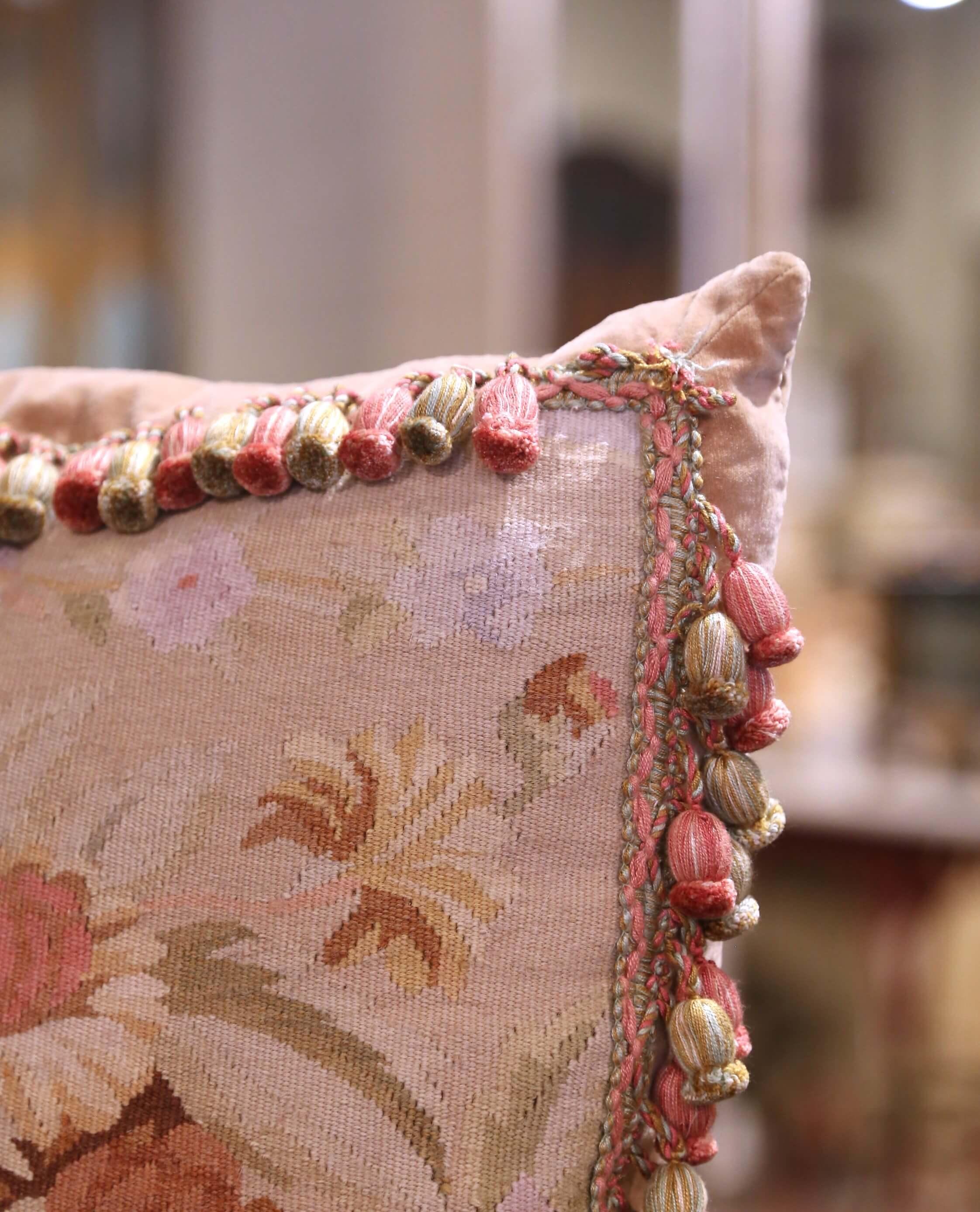 20th Century Pair of Pillows with Trim and Tassels Made with 19th Century Aubusson Tapestry For Sale