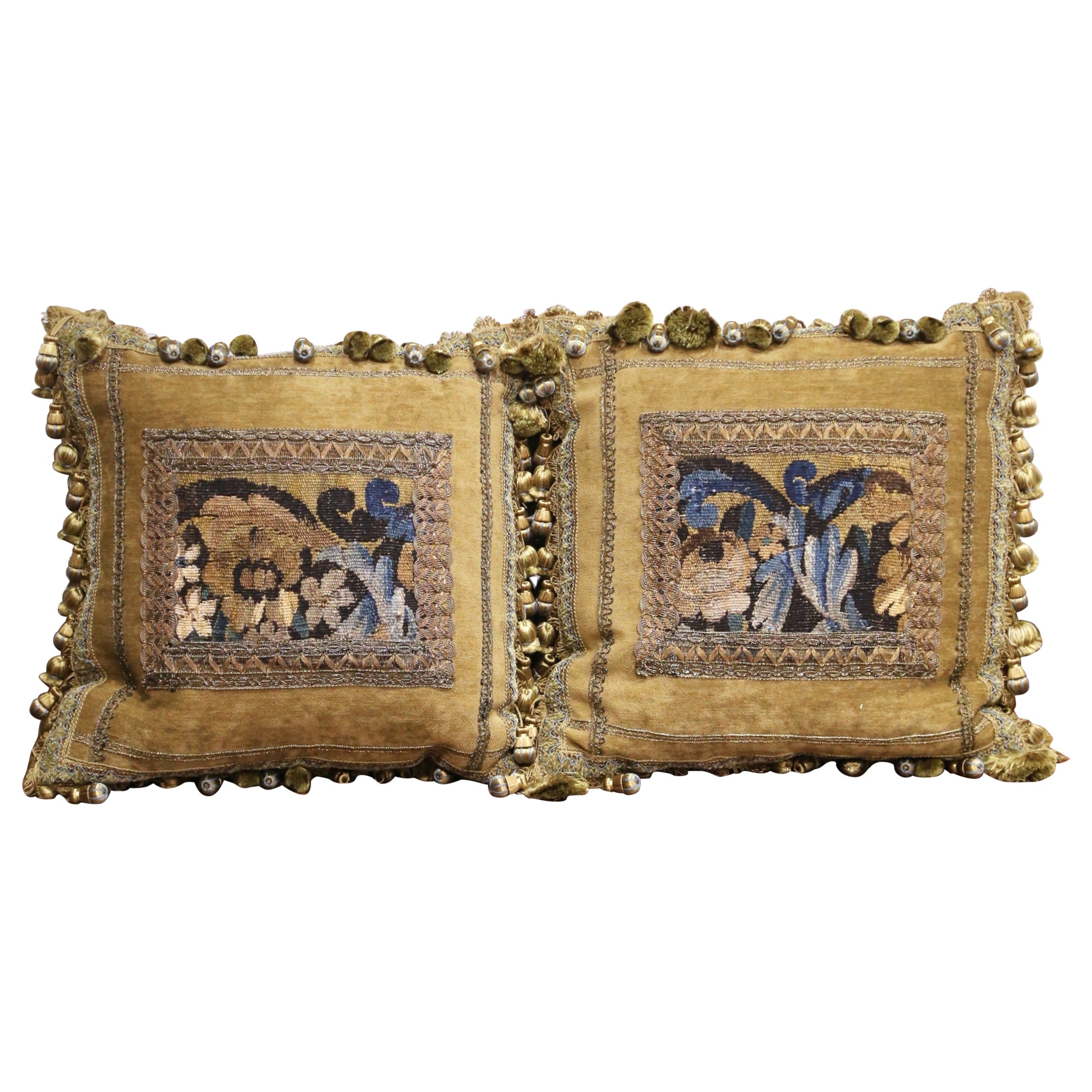 Pair of Pillows with Trim made with 18th Century Aubusson Tapestry Fragments