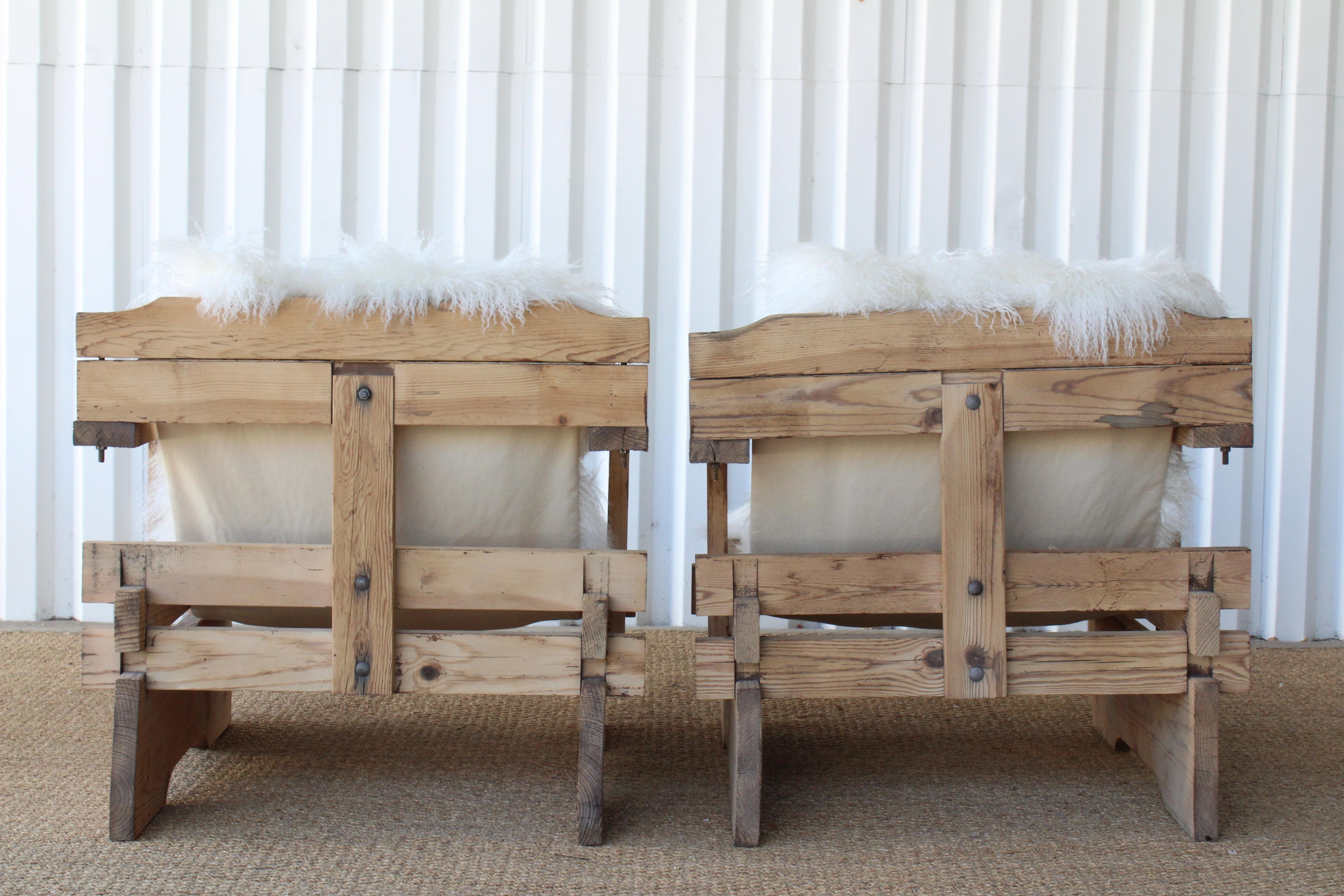 American Pair of Pine and Mongolian Lamb Lounge Chairs, California, 1970s