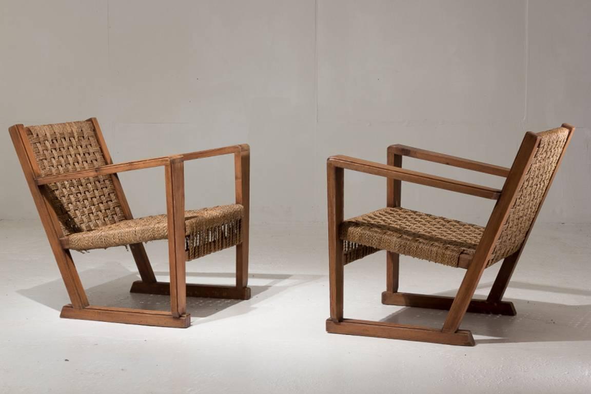 French Pair of Pine and Reed Chairs