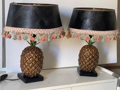 Vintage Pair of Pineapple Table Lamps, Leather Embossed Shades, 1990