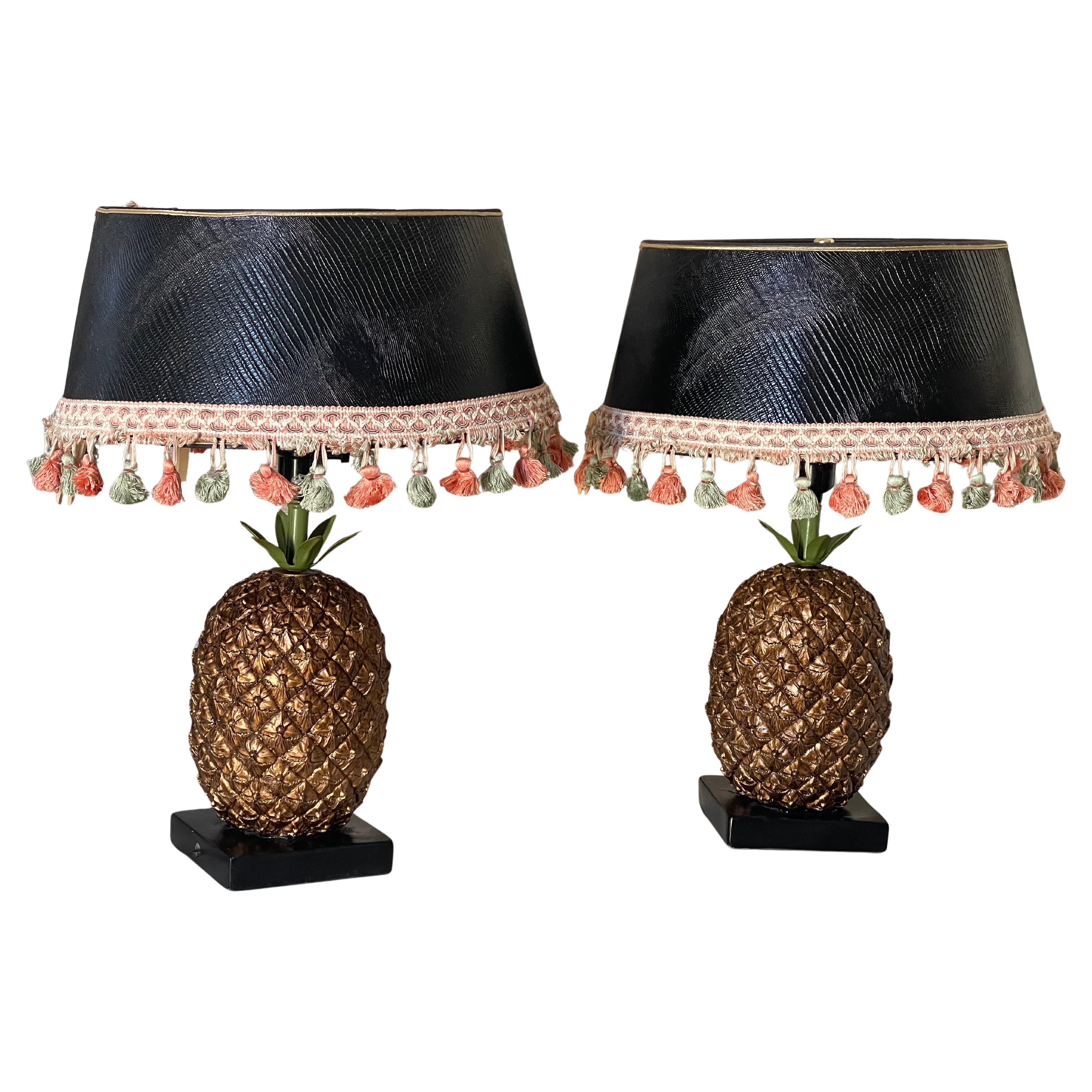 Pair of Pine Apple Table Lamps with Leather Embossed Shades