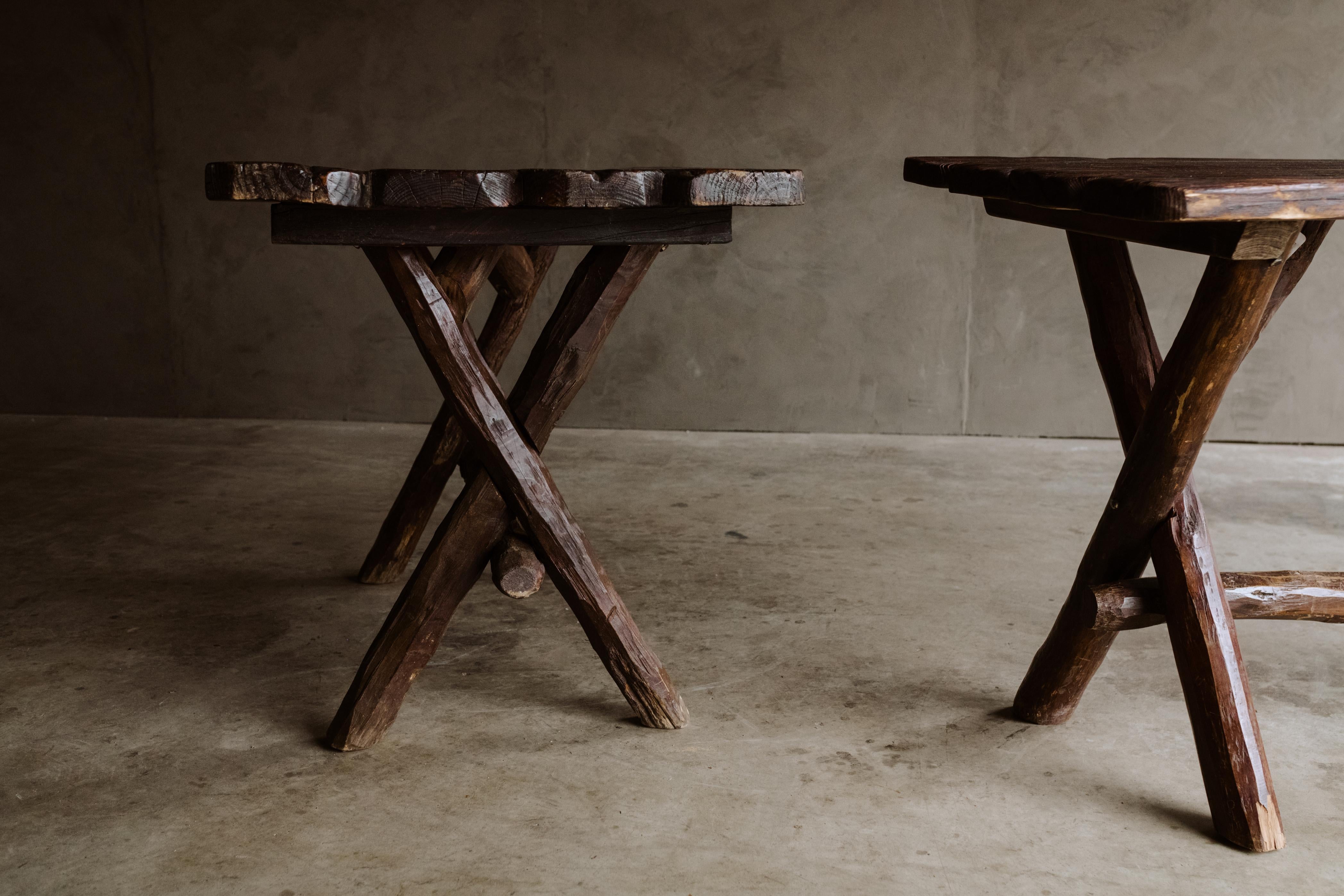 Pair of Pine Bistro tables from France, Circa 1960. Solid pine construction with light wear and use.