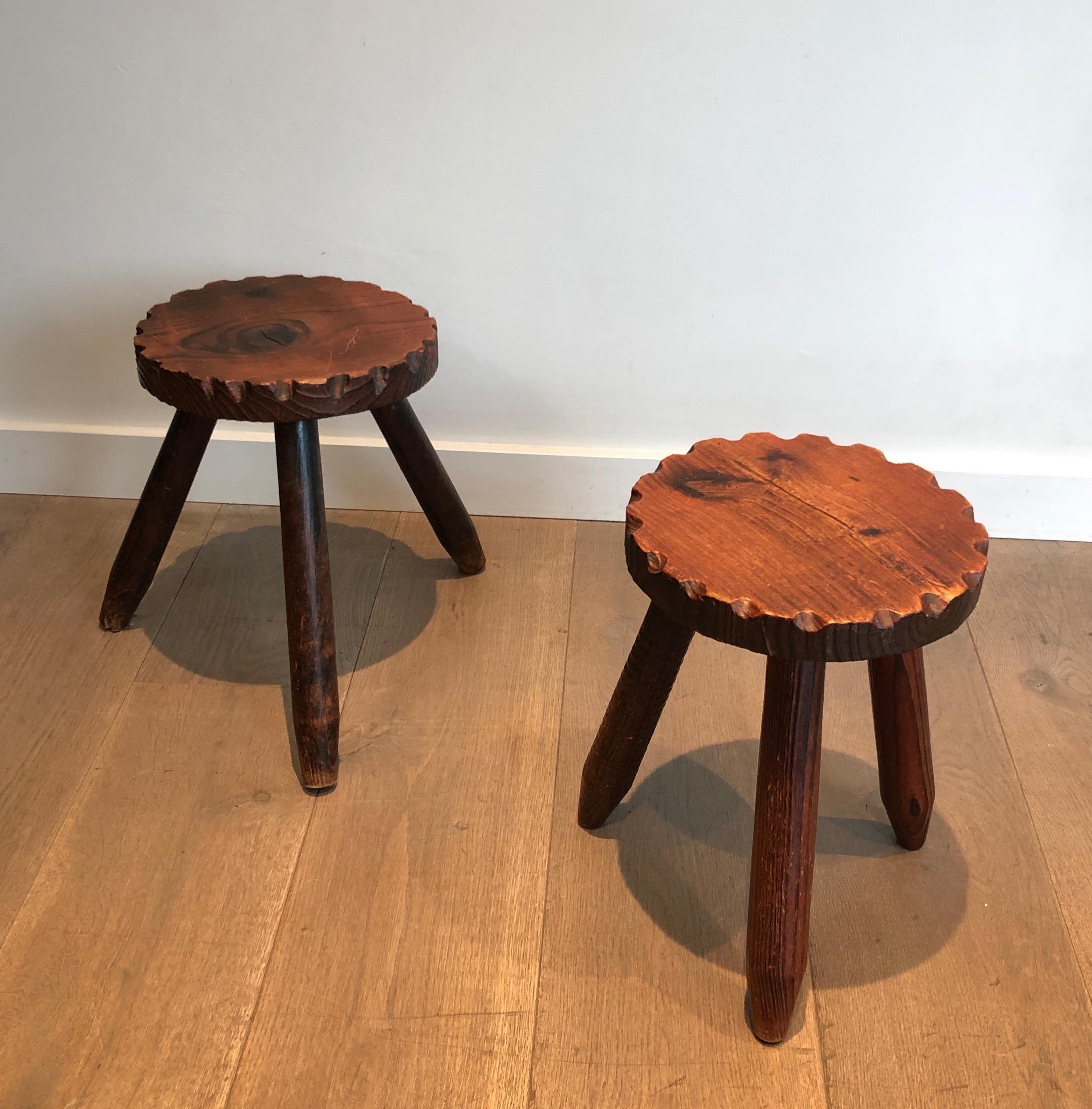 Pair of Pine Brutalist Stools, French Work, circa 1950 For Sale 7