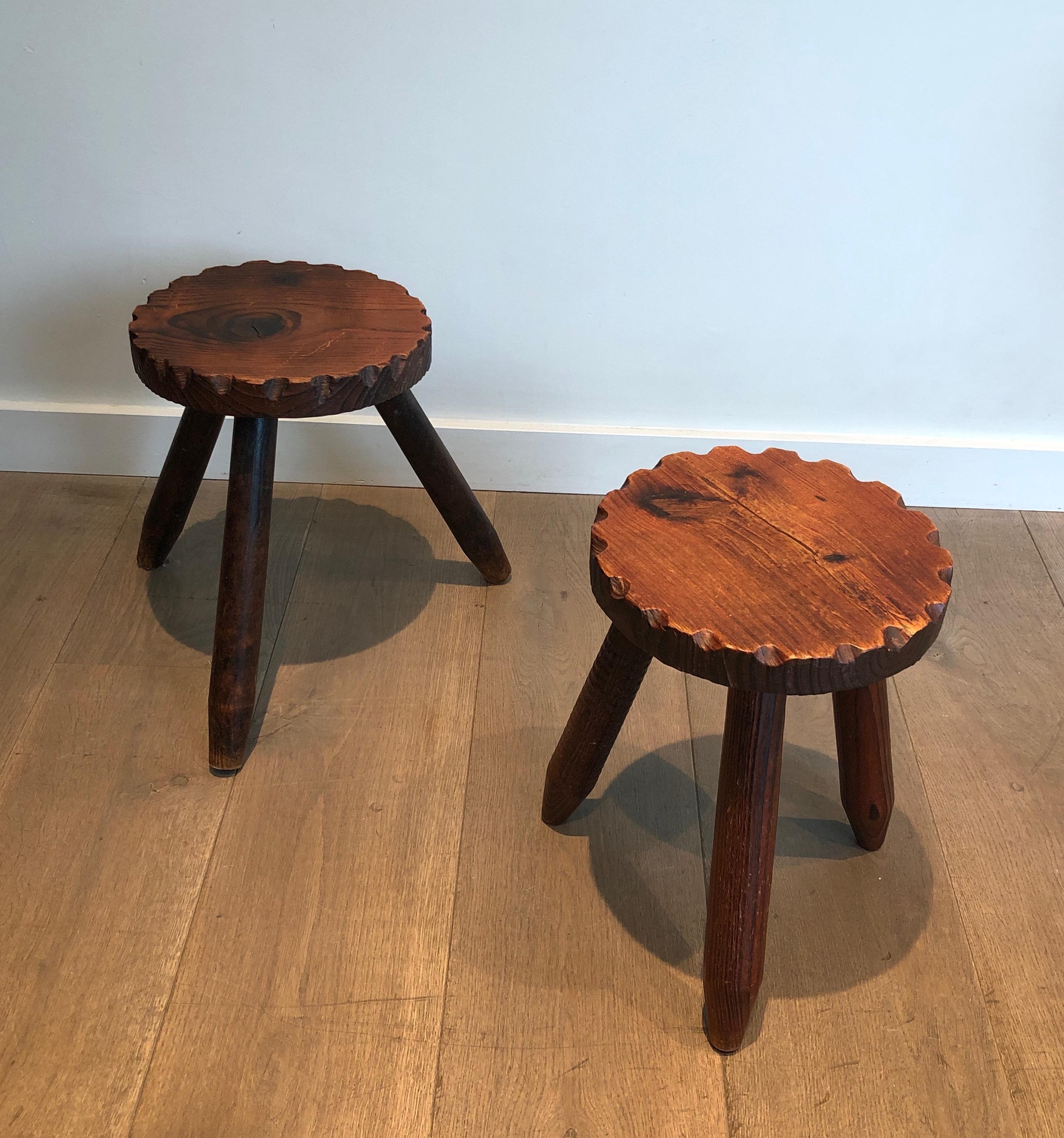 Pair of Pine Brutalist Stools, French Work, circa 1950 For Sale 14