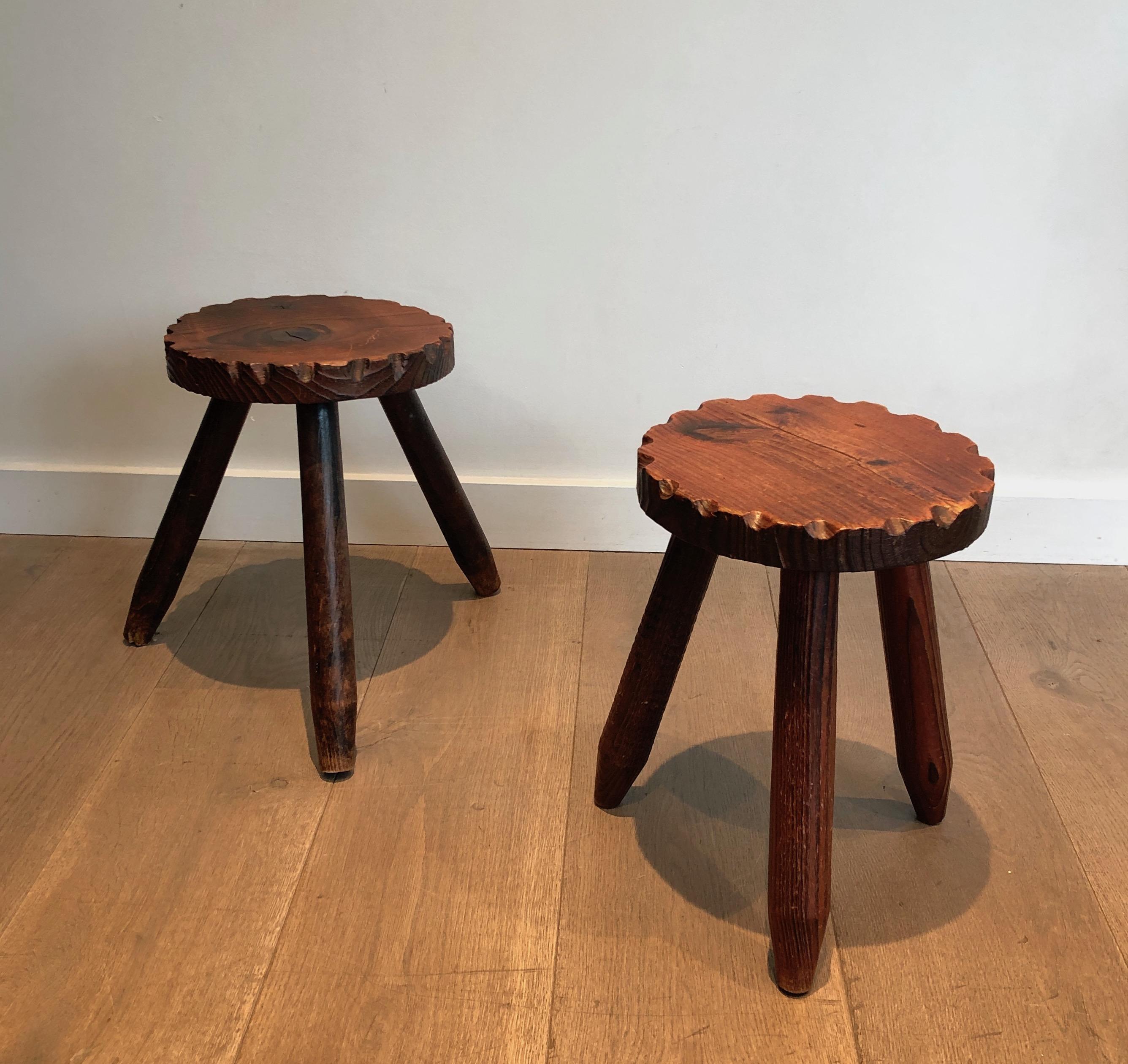 Pair of Pine Brutalist Stools, French Work, circa 1950 For Sale 15