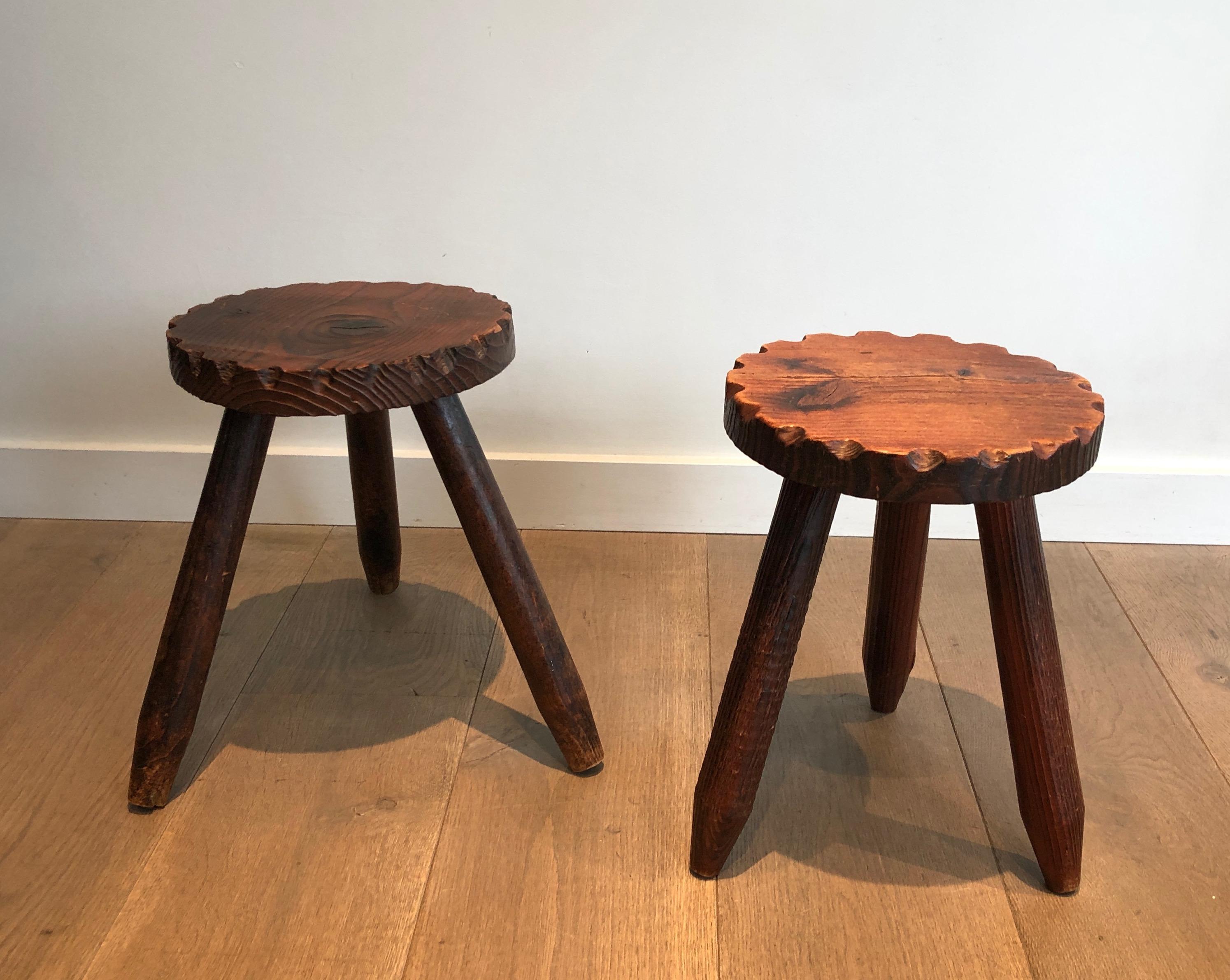 Mid-Century Modern Pair of Pine Brutalist Stools, French Work, circa 1950 For Sale