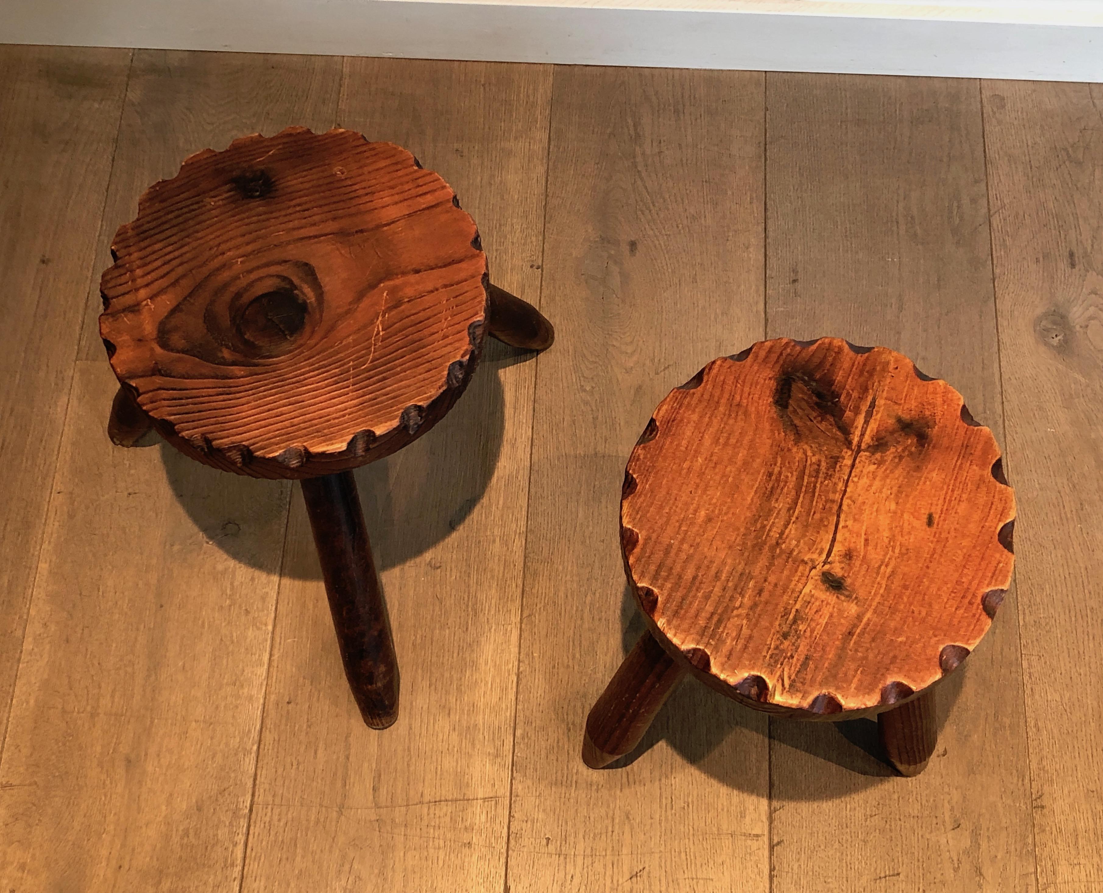 Mid-20th Century Pair of Pine Brutalist Stools, French Work, circa 1950 For Sale