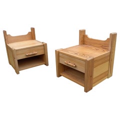 Pair of Pine Night stands with Leather details, France 1970's