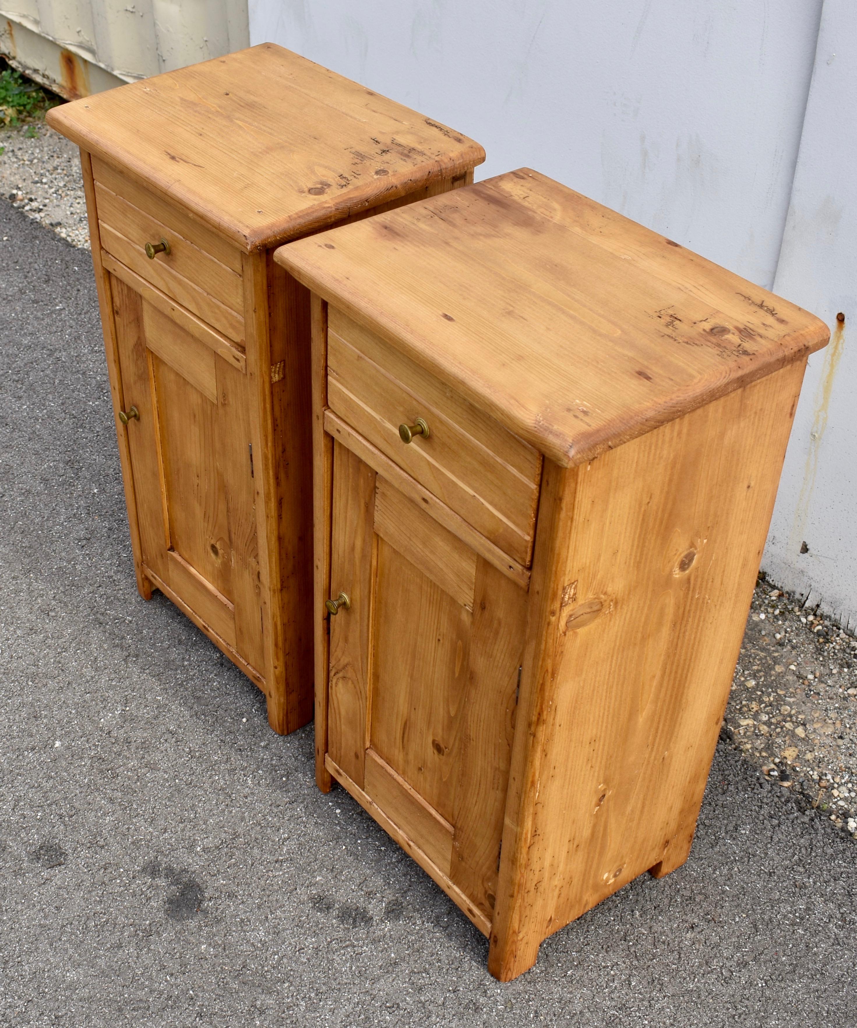 Polished Pair of Pine Nightstands with One Door and One Drawer