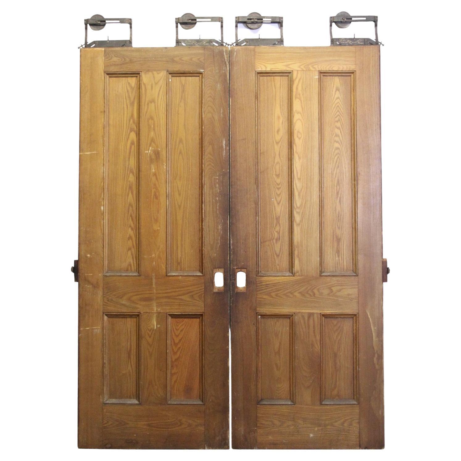 Pair of Pine Pocket Doors w/ 4 Panels Each + Rollers