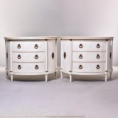 Pair of Pine Regency Style Demilune Cabinets with White Marble Tops