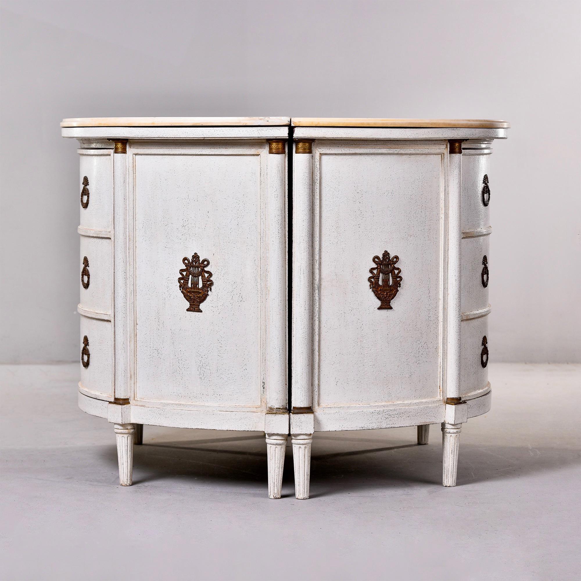 20th Century Pair of Pine Regency Style Demilune Cabinets with White Marble Tops