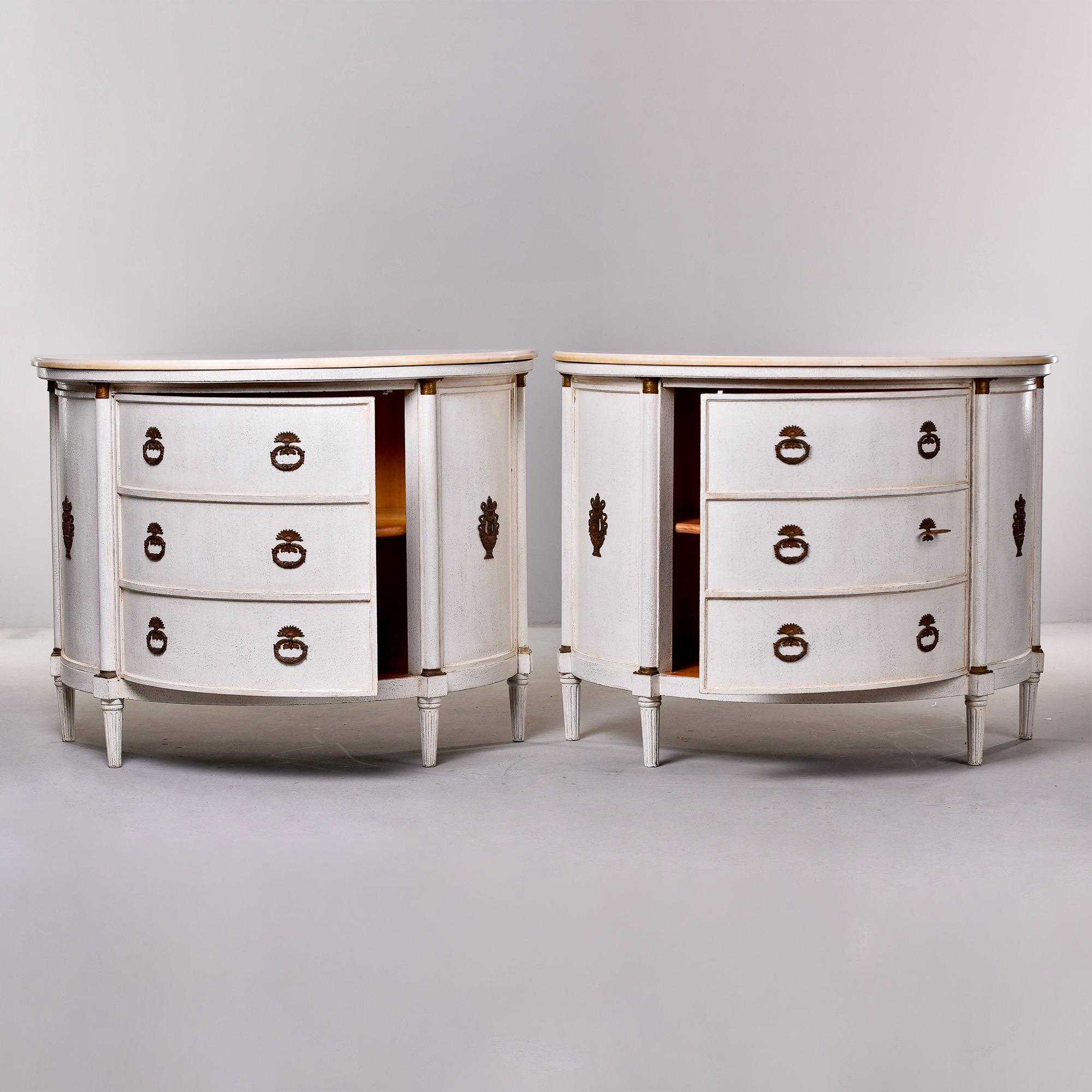 Brass Pair of Pine Regency Style Demilune Cabinets with White Marble Tops