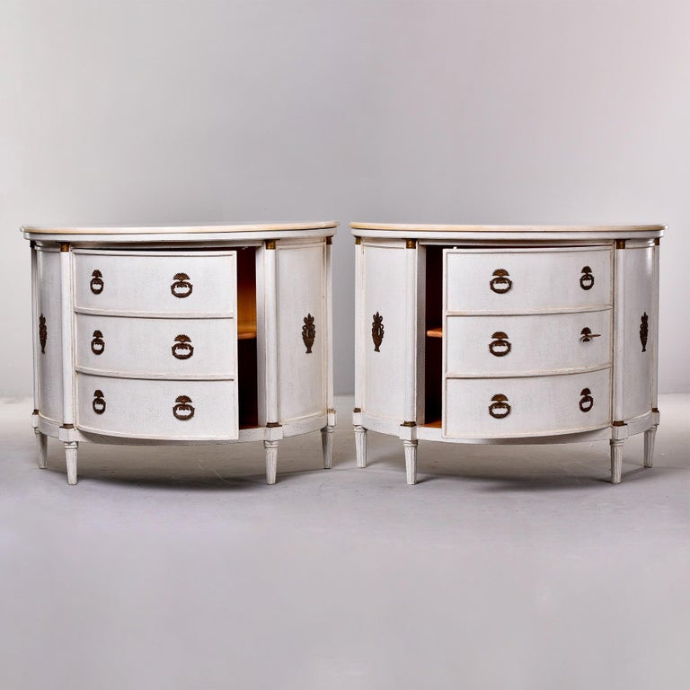 Brass Pair of Pine Regency Style Demilune Cabinets with White Marble Tops For Sale