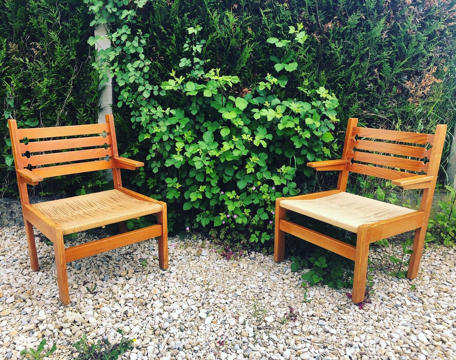 Pair of Pine and Rope Brutalist Armchairs For Sale 3