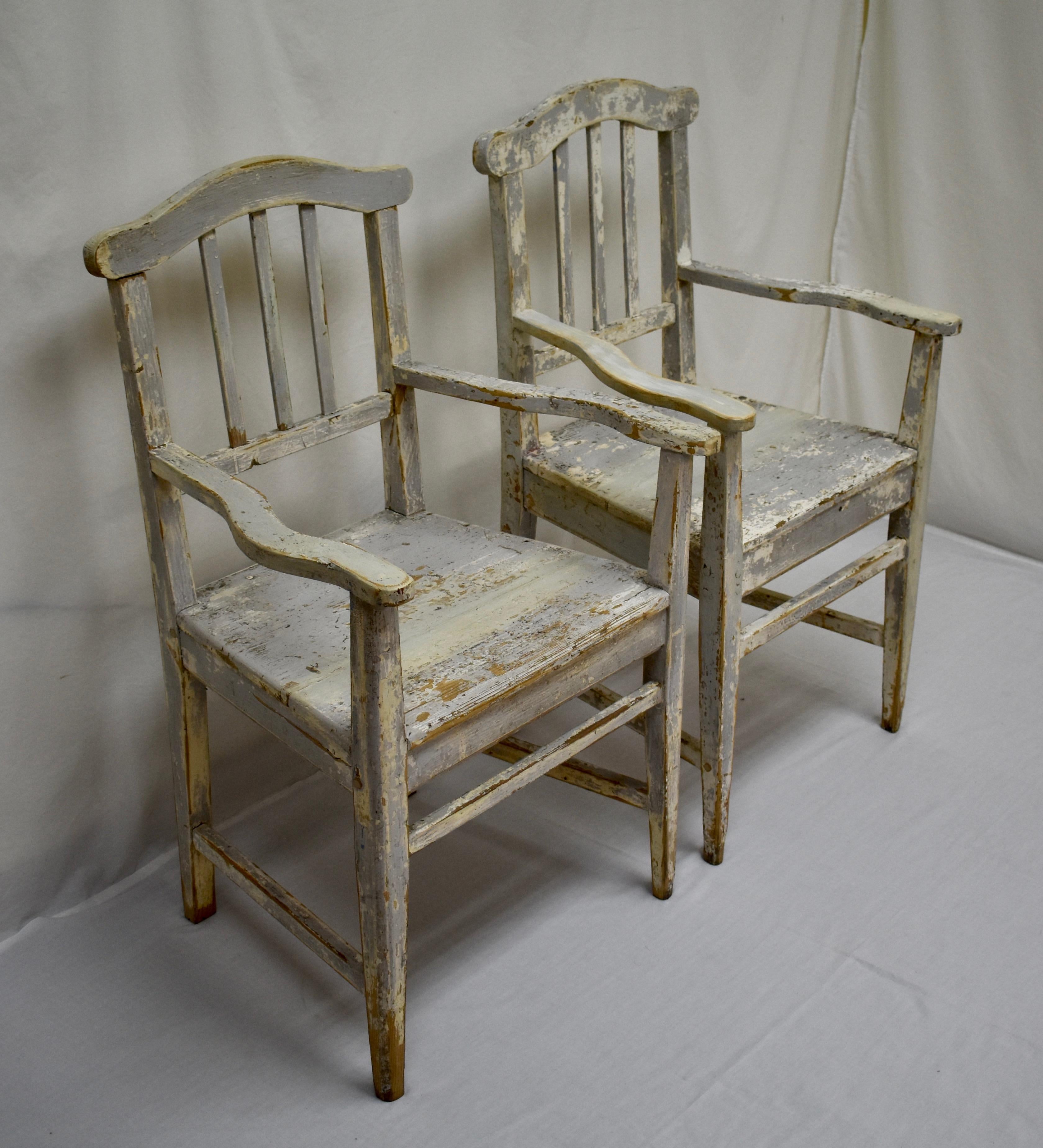 Country Pair of Pine Slatback Plank Seat Armchairs