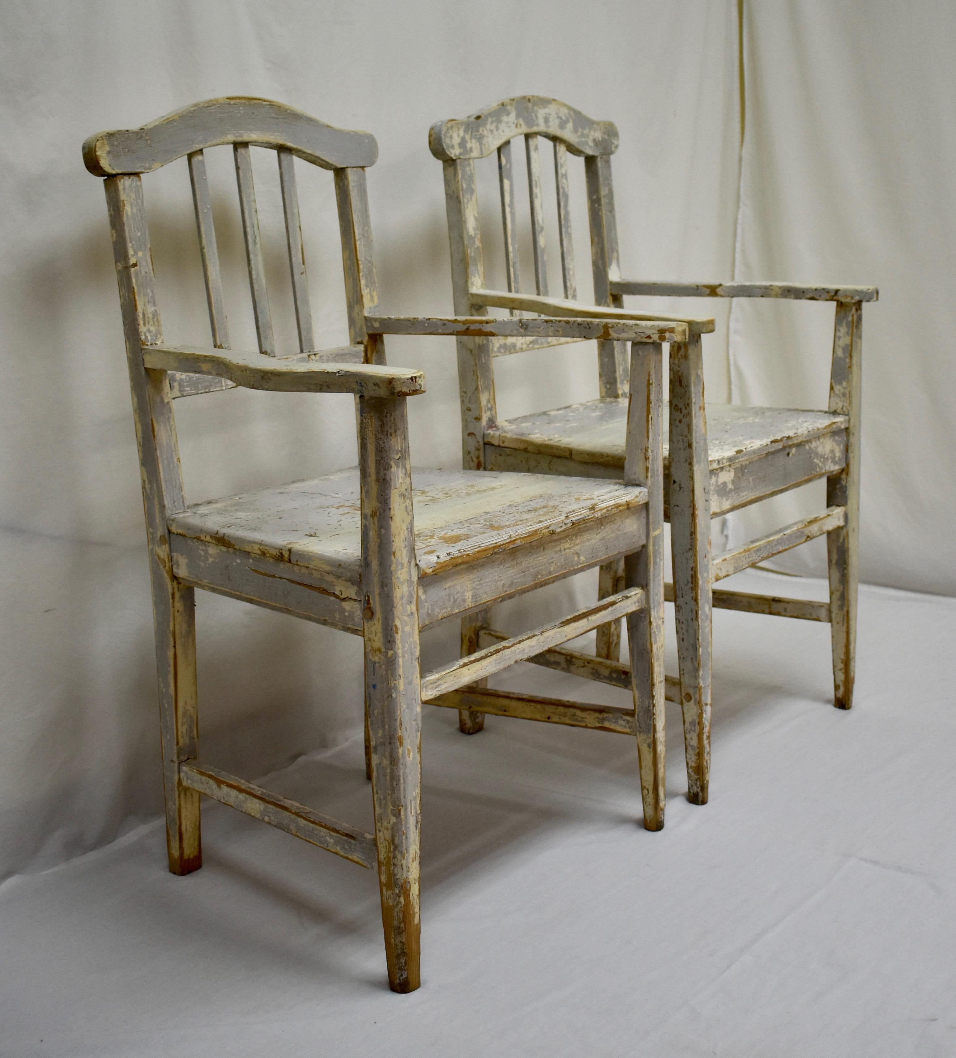 Hungarian Pair of Pine Slatback Plank Seat Armchairs