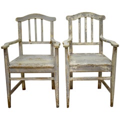 Antique Pair of Pine Slatback Plank Seat Armchairs