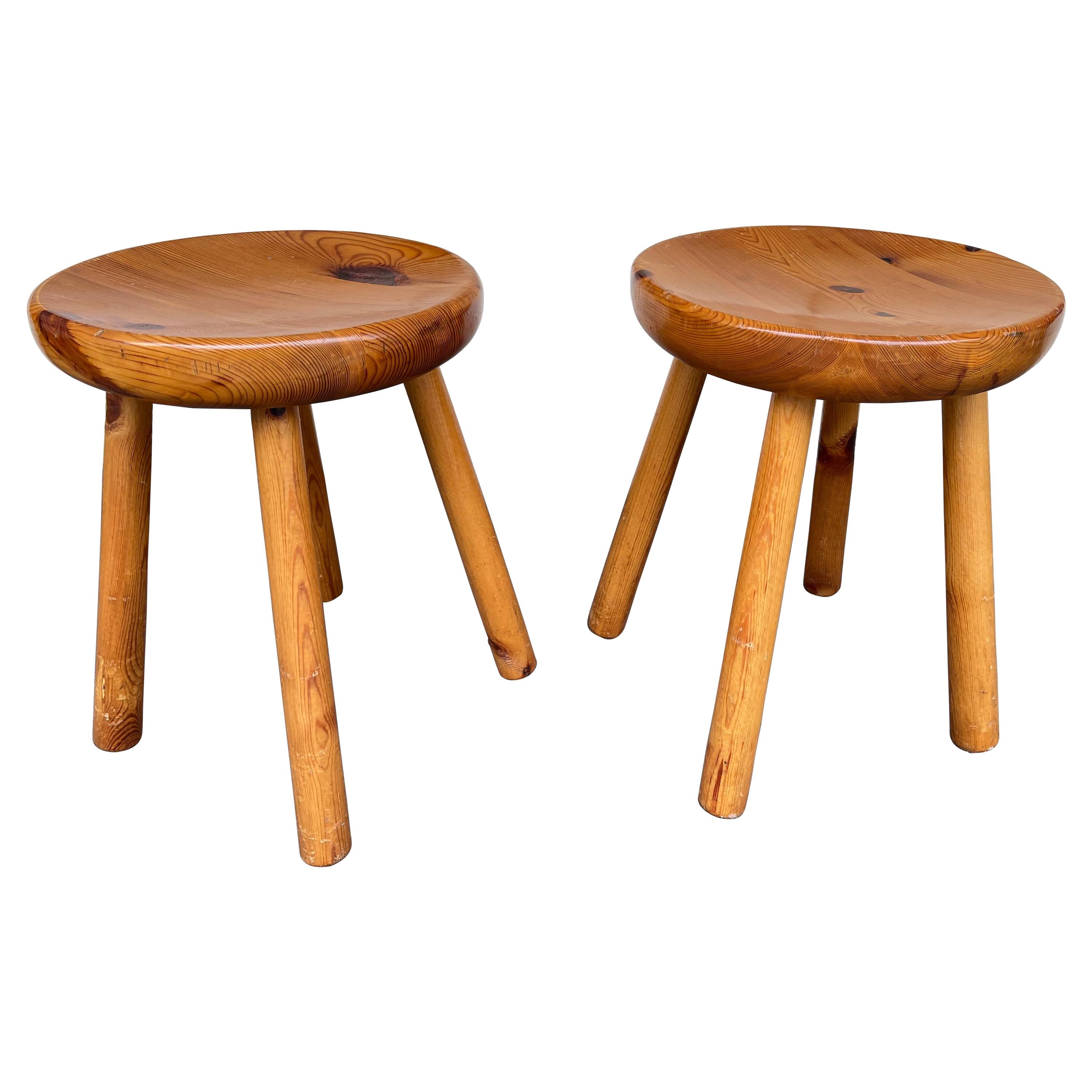 Pair of Pine Stool Attributed to Charlotte Perriand, France, 1960s