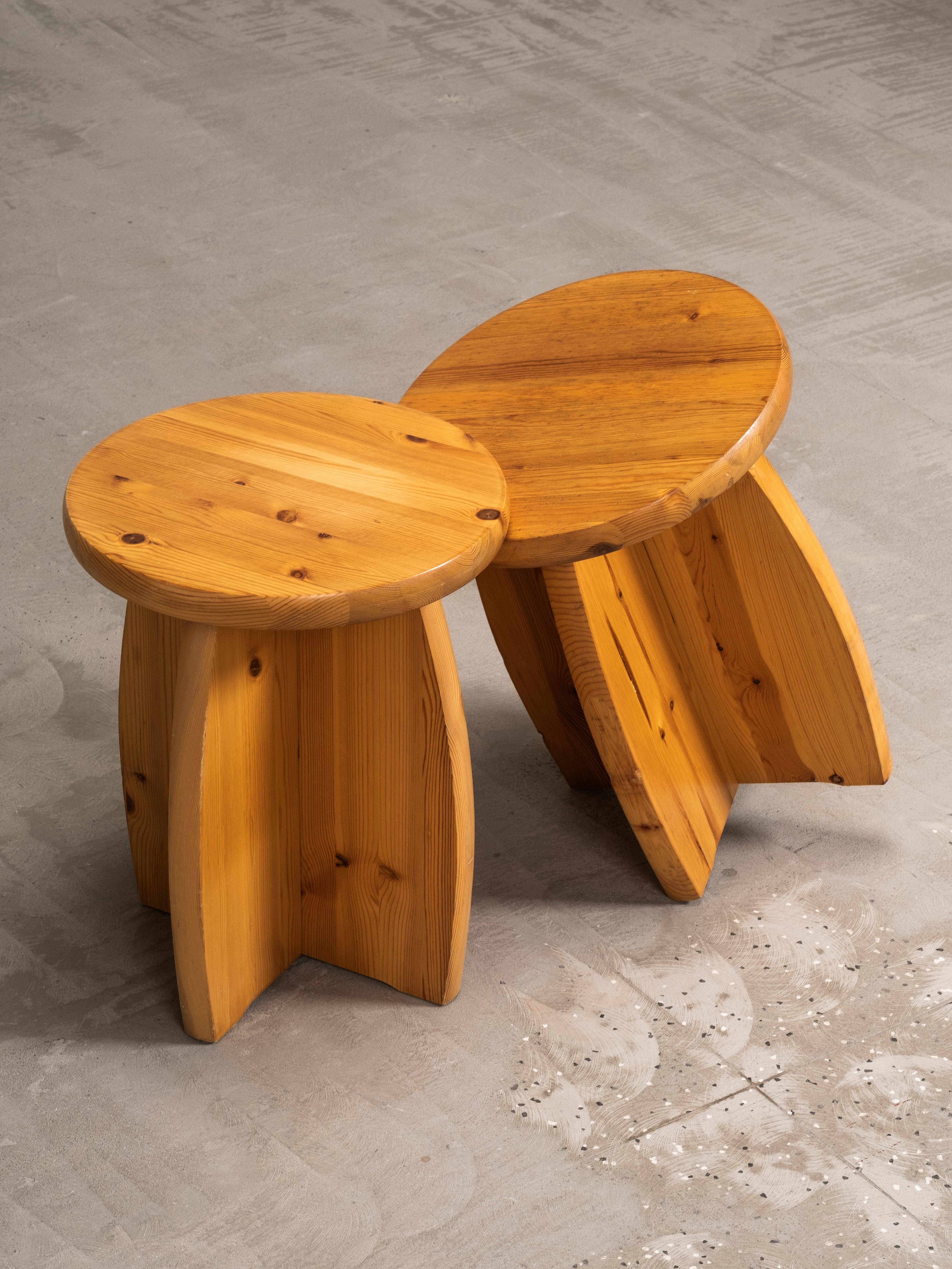 Pair of Pine Stools, Brutalist Style, Sweden, 1970s For Sale 7